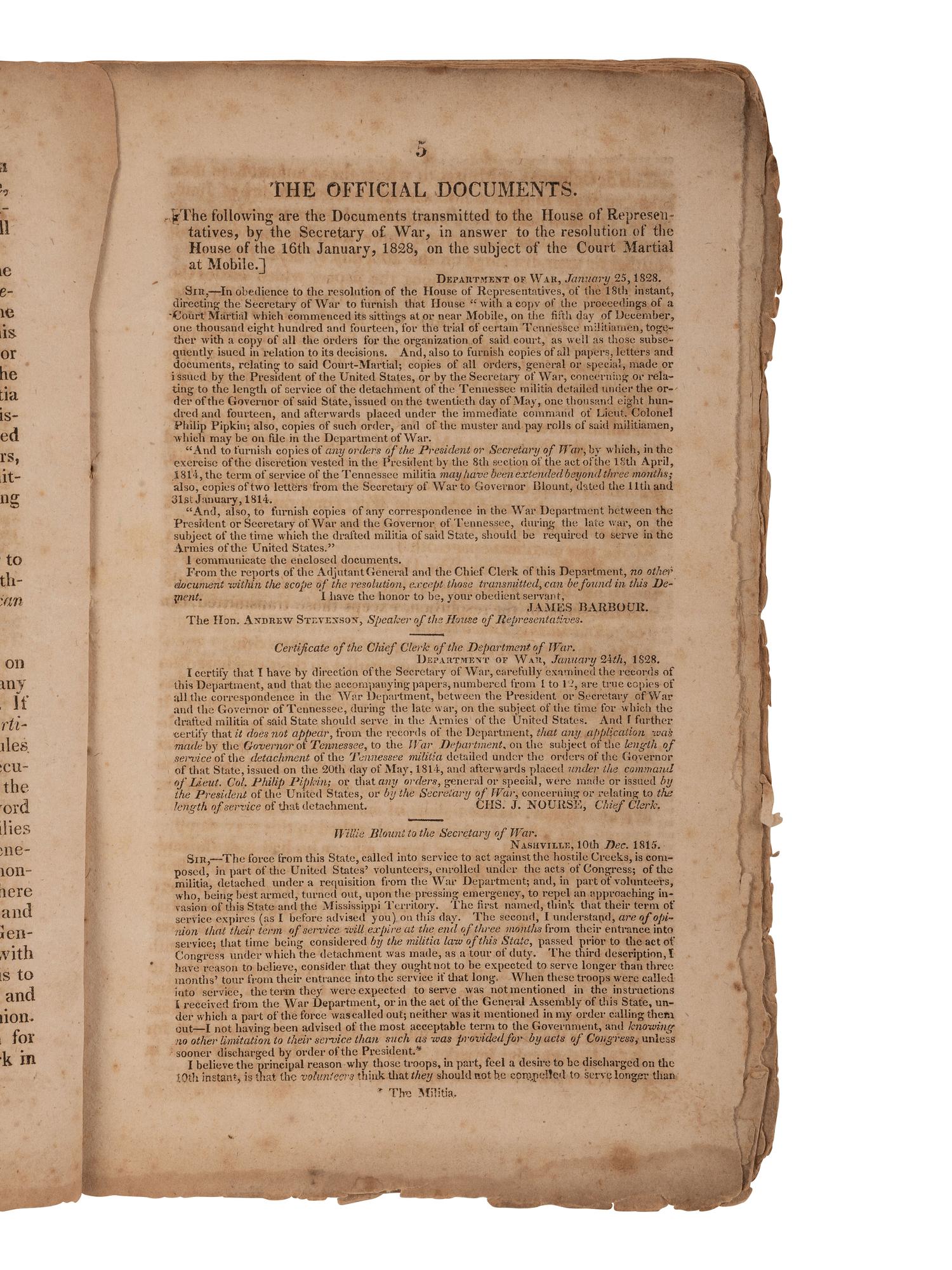 [JACKSON, Andrew (1767-1845)]. Official Record...of the Proceedings of the Court Martial, 1828.