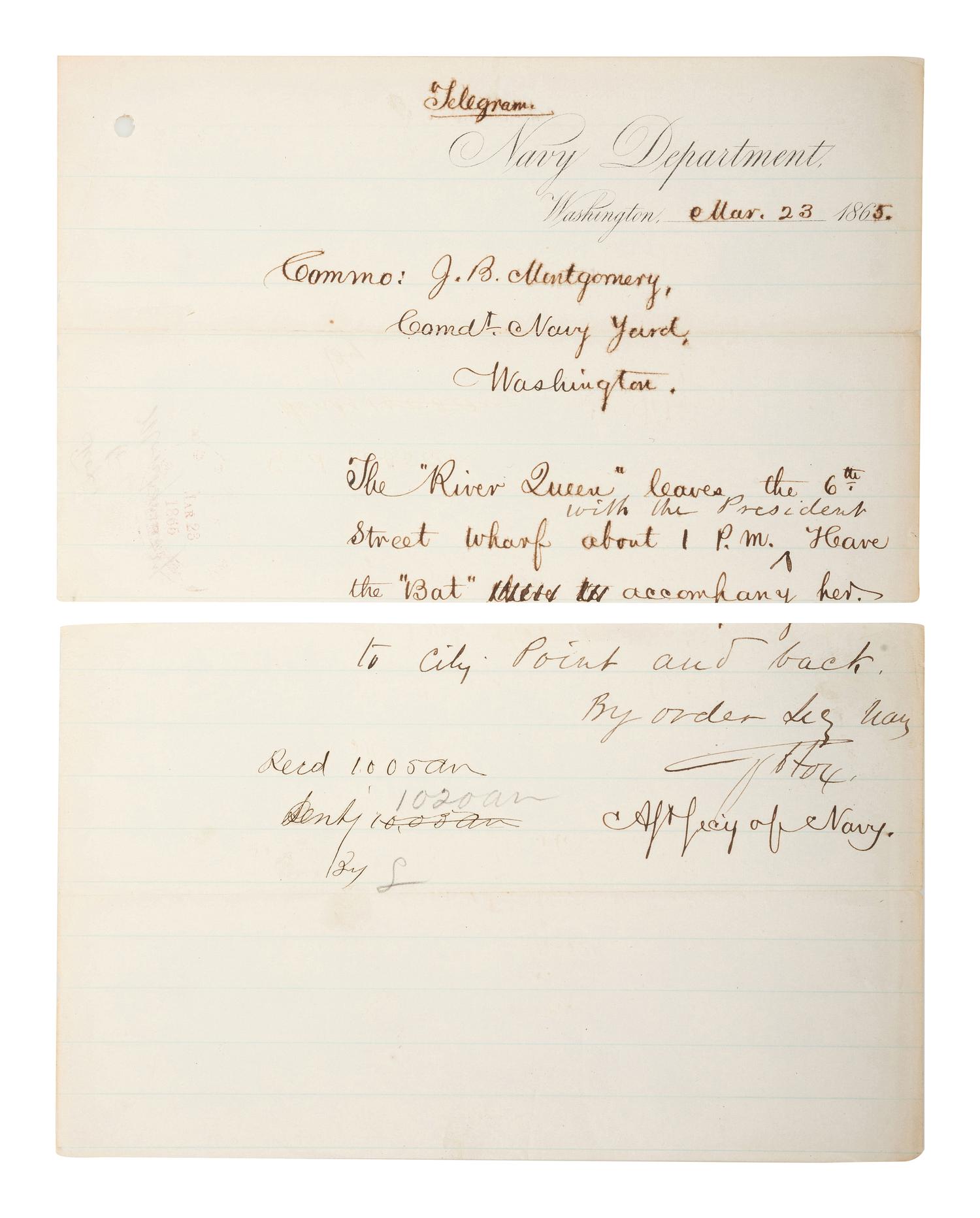[CIVIL WAR - NAVY] -- [LINCOLNIANA]. A group of 6 documents relating to Lincoln naval visits, comprising: