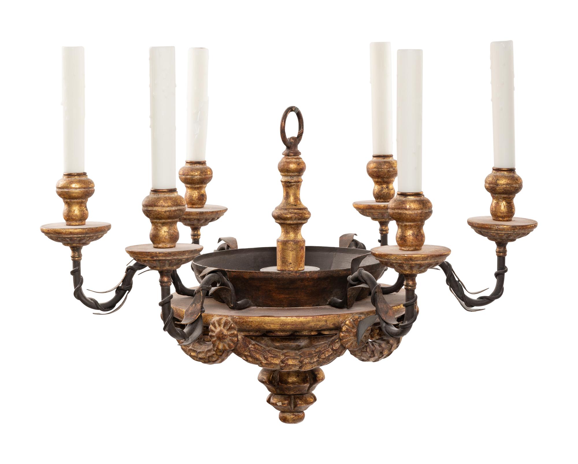 A Neoclassical Parcel Gilt Six-Light Chandelier