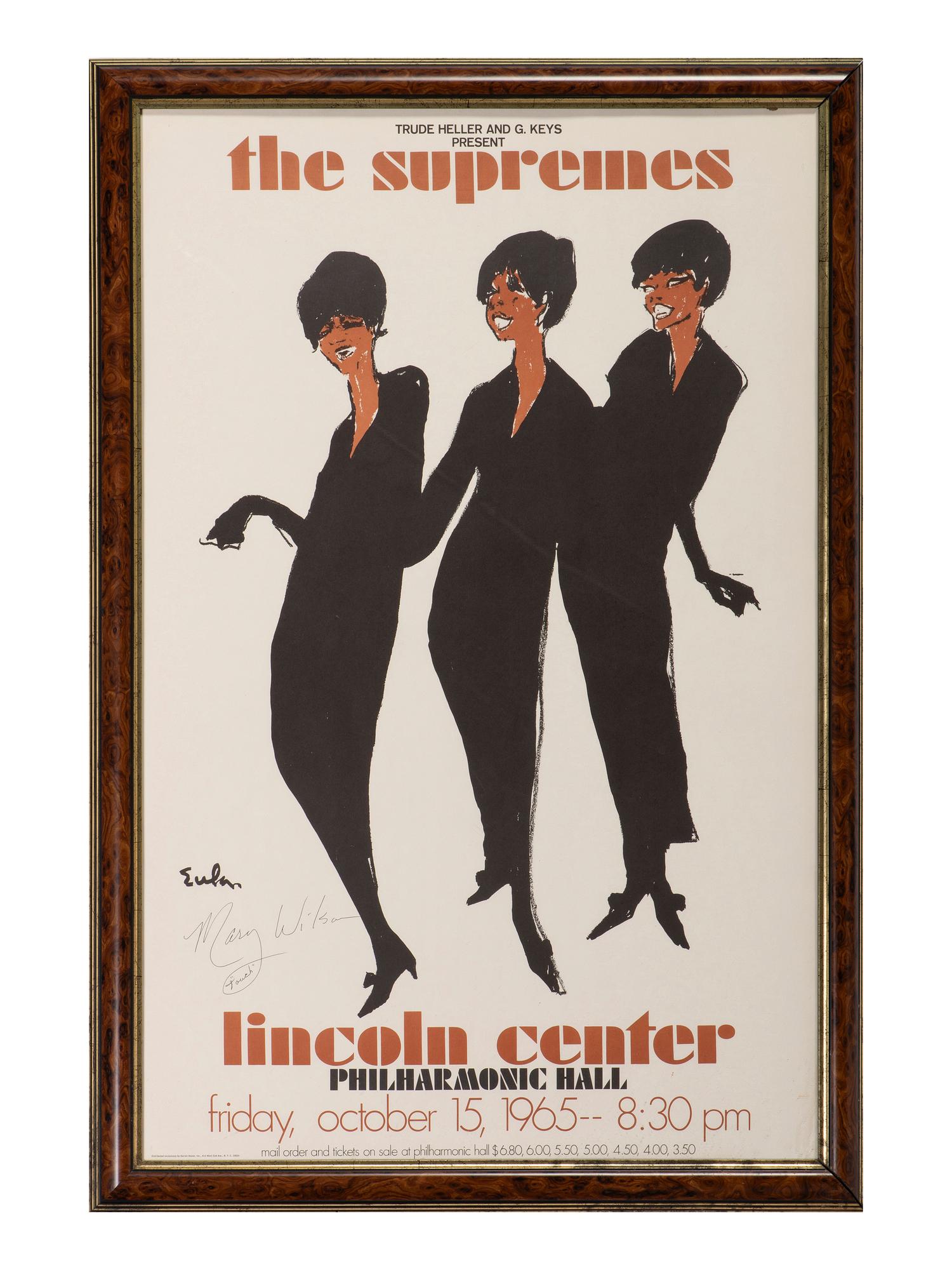 [MUSIC]. EULA, Joe, artist. The Supremes. Lincoln Center Philharmonic Hall. Friday, October 15, 1965. Signed by Mary WILSON (1944-2021).