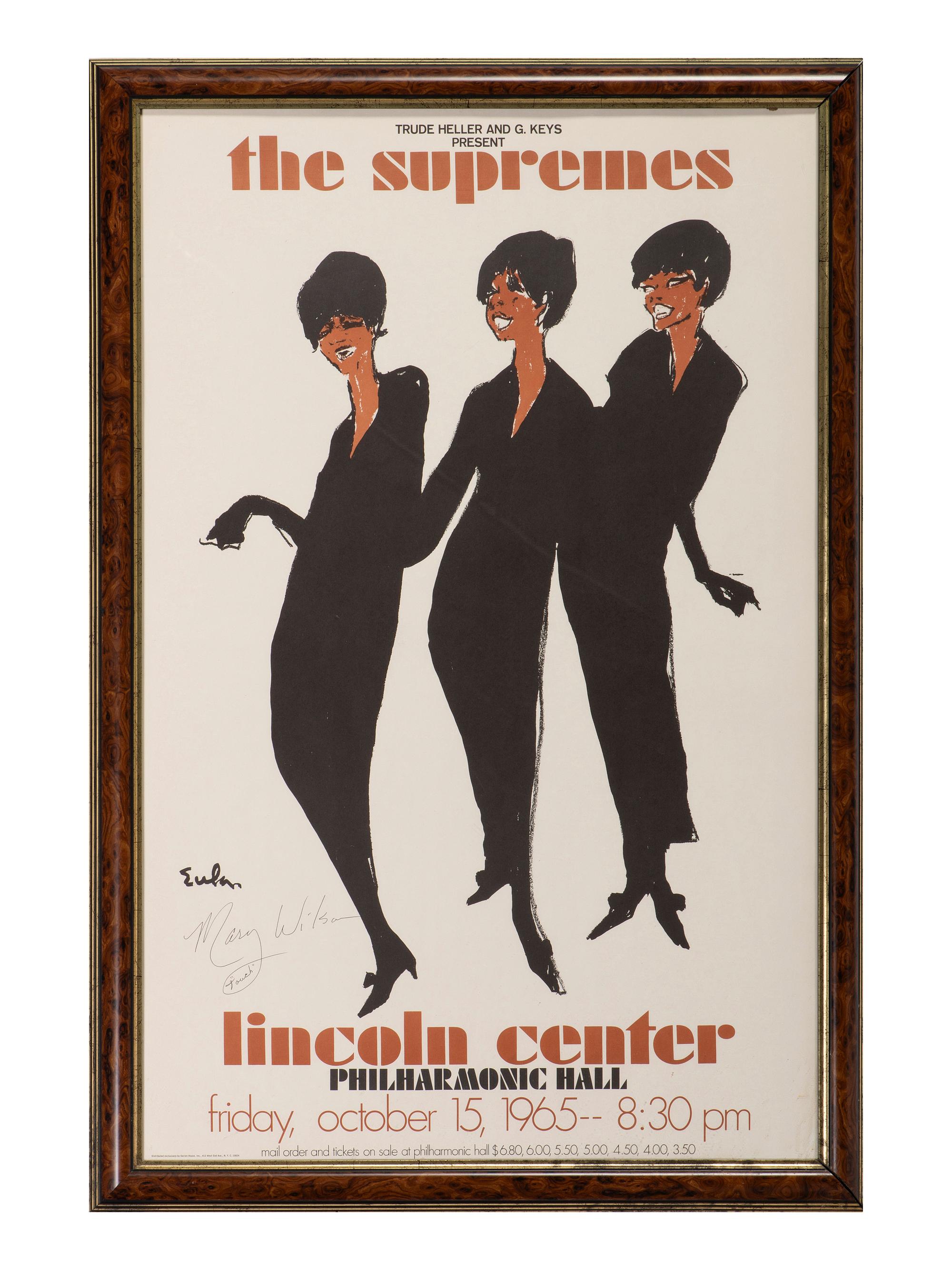 [MUSIC]. EULA, Joe, artist. The Supremes. Lincoln Center Philharmonic Hall. Friday, October 15, 1965. Signed by Mary WILSON (1944-2021).