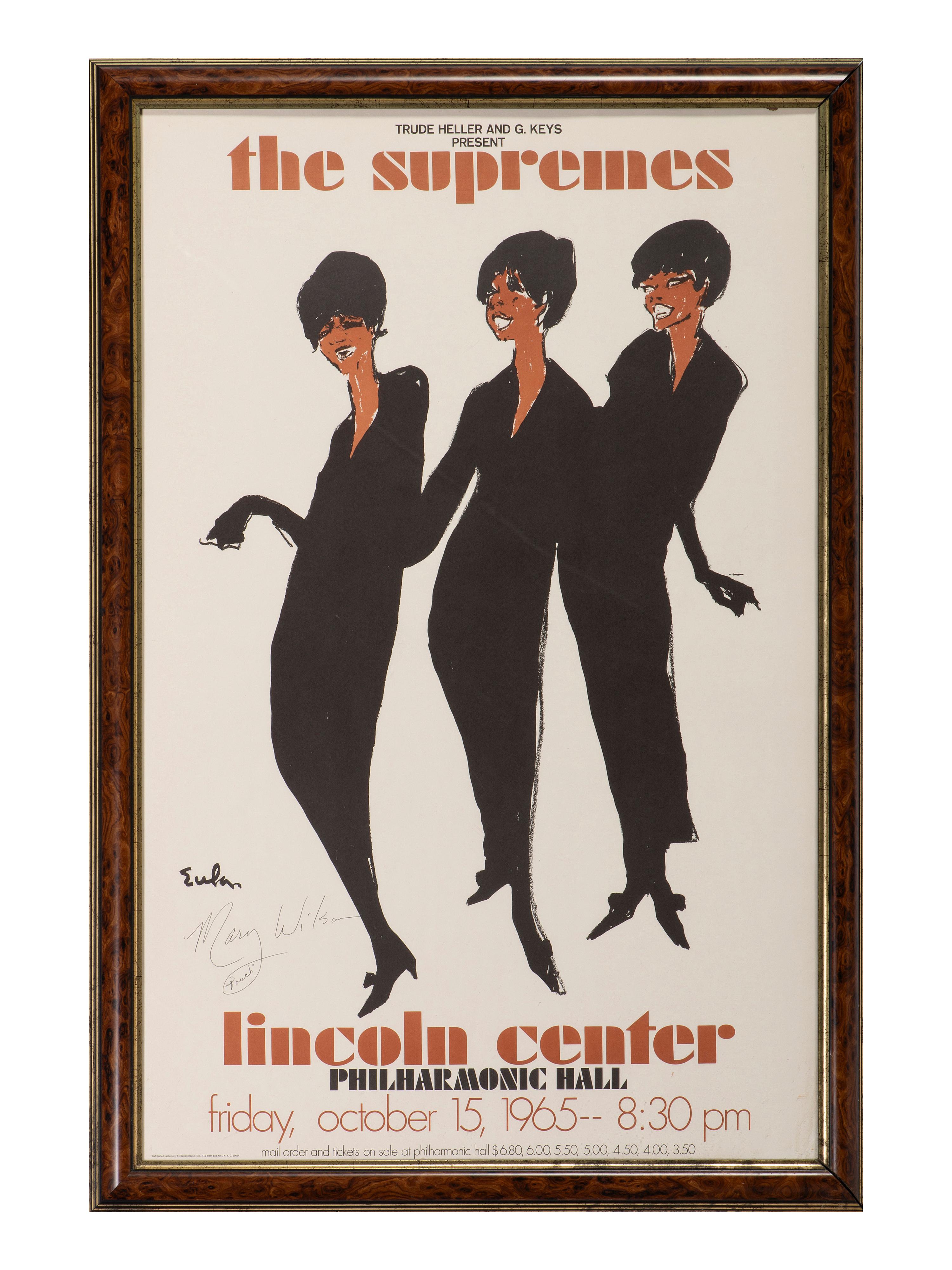 [MUSIC]. EULA, Joe, artist. The Supremes. Lincoln Center Philharmonic Hall. Friday, October 15, 1965. Signed by Mary WILSON (1944-2021).