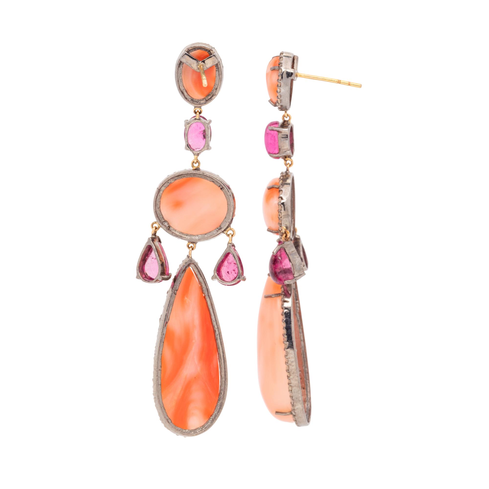 CORAL, PINK TOURMALINE AND DIAMOND EARRINGS