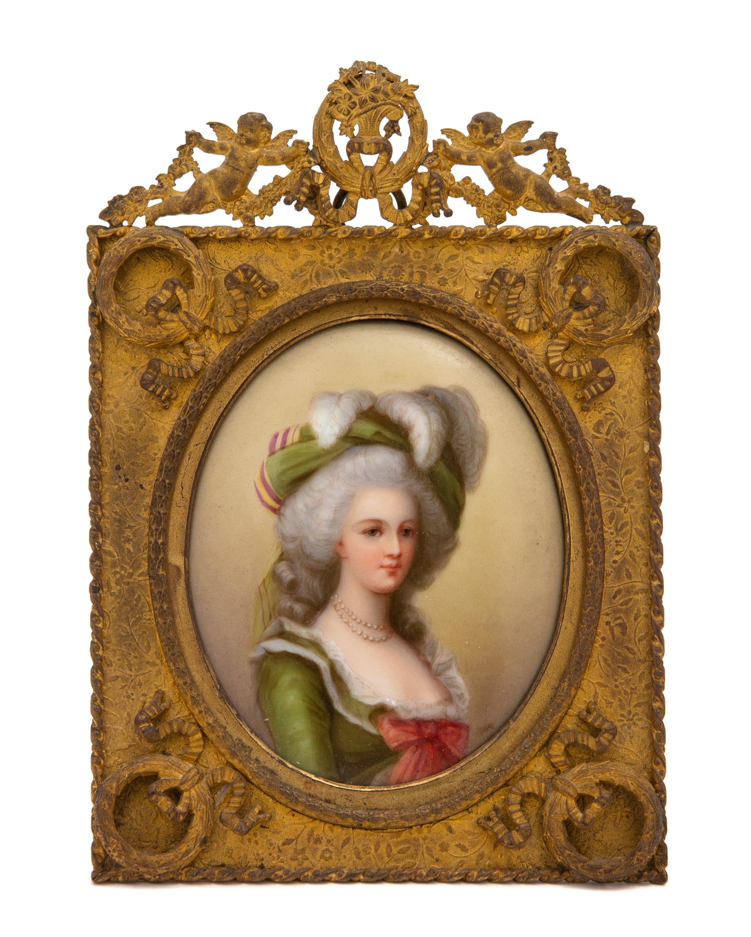 A French Hand Painted Portrait Miniature on Porcelain of Young Lady of the Court Height 5 3/4 x width 4 1/8 inches. — 19TH CENTURY