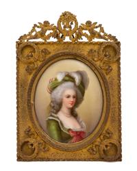 A French Hand Painted Portrait Miniature on Porcelain of Young Lady of the Court Height 5 3/4 x width 4 1/8 inches. — 19TH CENTURY