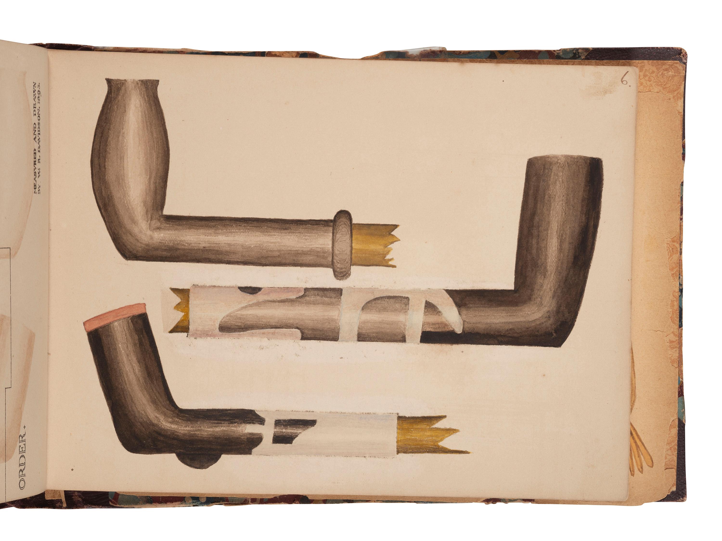 [NATIVE AMERICAN] -- [GOLD RUSH]. An album of watercolor drawings by prospector George V. Storkey (ca 1867-1942) depicting British Columbian Indigenous objects, likely related to the Nlaka’pamux, ca late 1890s-early 1900s.