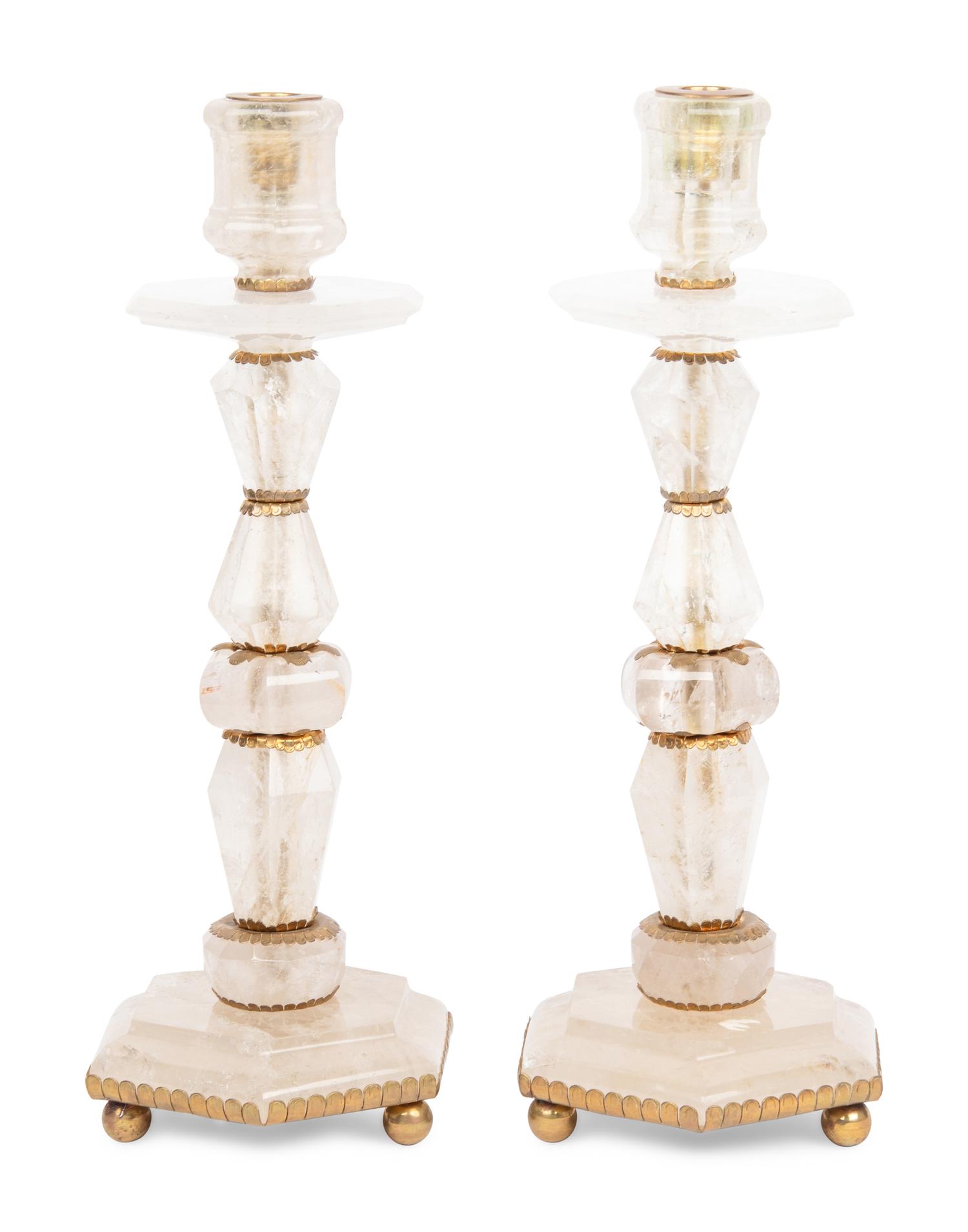 A Pair of Baroque Style Gilt Metal Mounted Rock Crystal Candlesticks