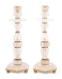 A Pair of Baroque Style Gilt Metal Mounted Rock Crystal Candlesticks