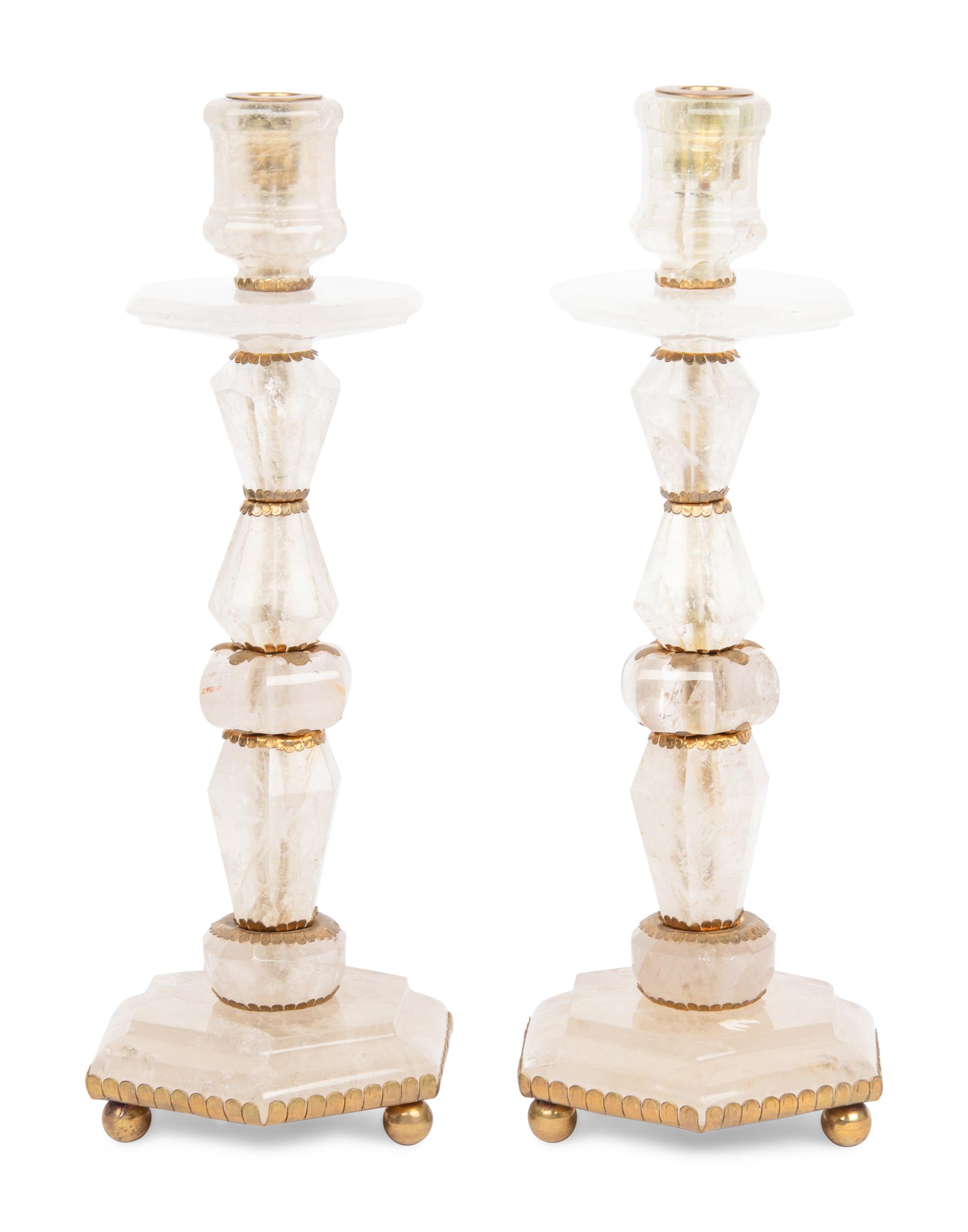 A Pair of Baroque Style Gilt Metal Mounted Rock Crystal Candlesticks