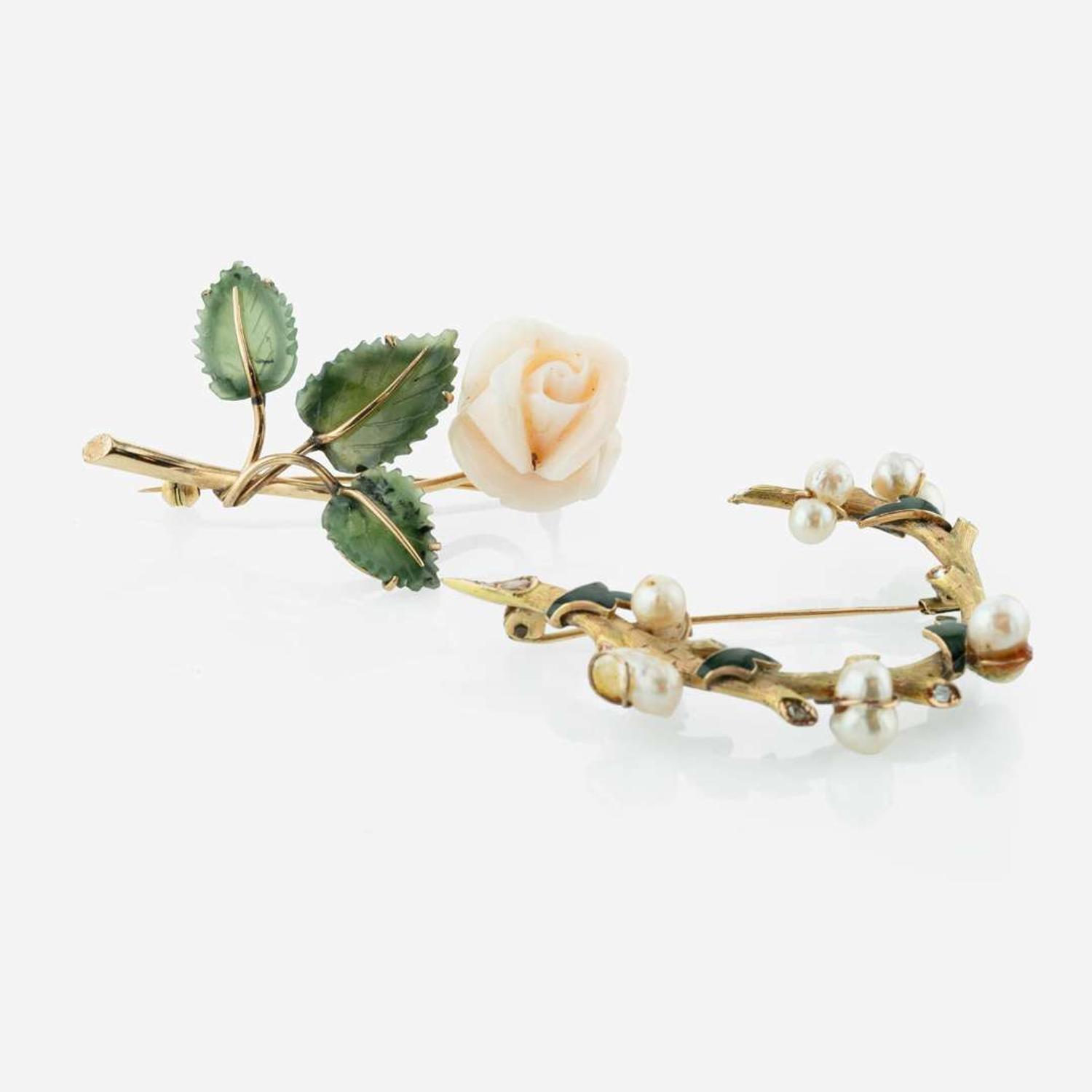 A Collection of Two Yellow Gold Brooches