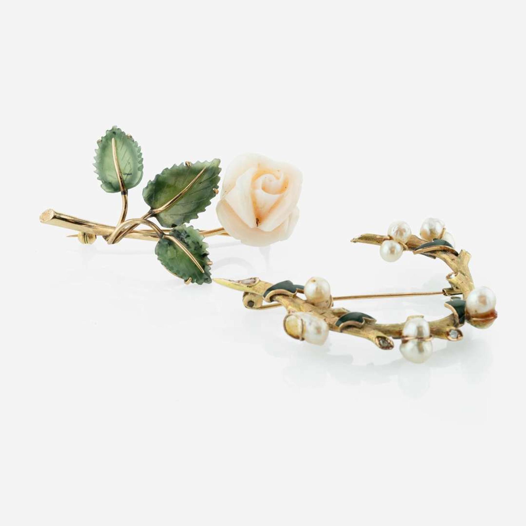 A Collection of Two Yellow Gold Brooches