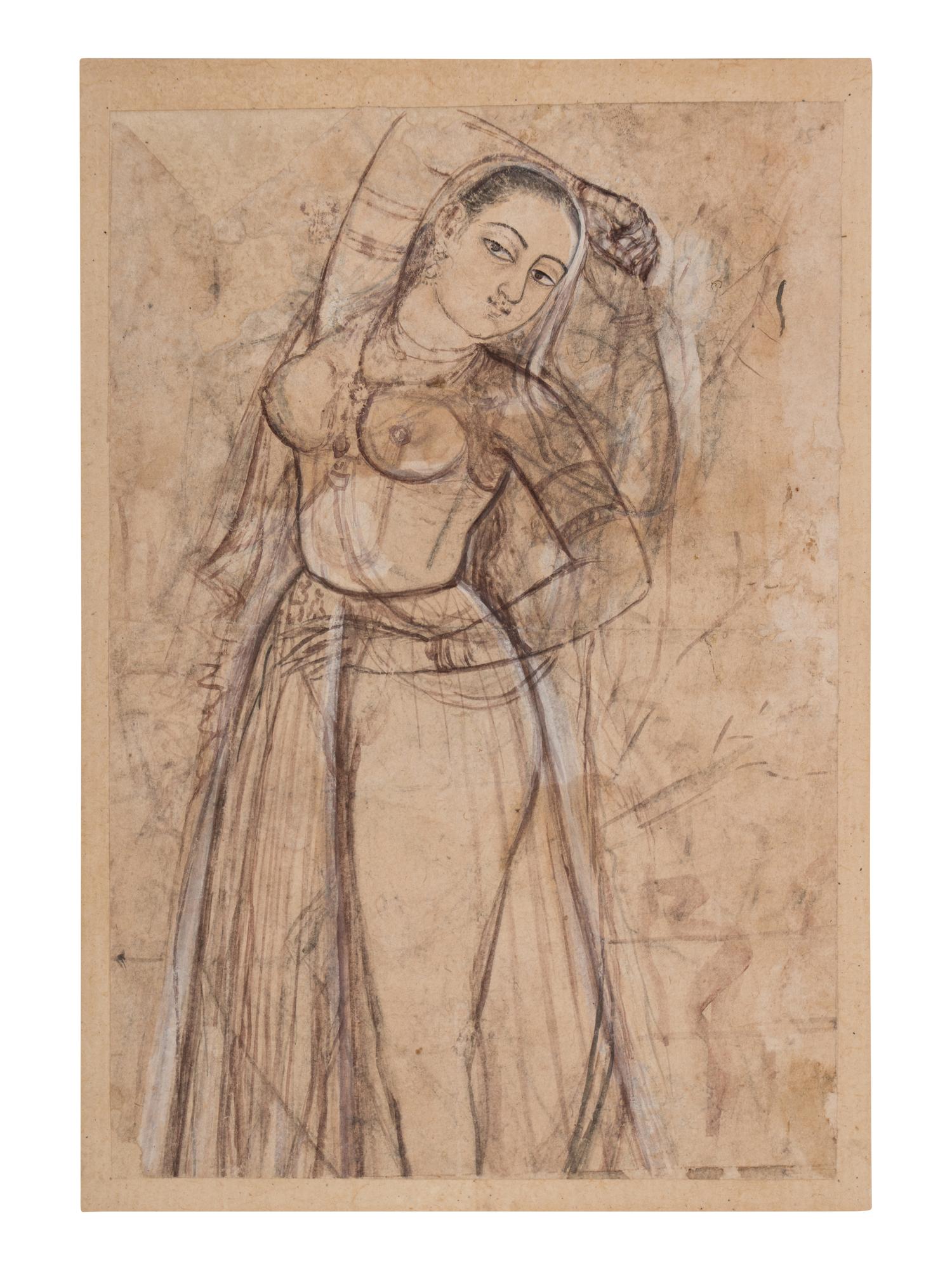 An Indian Drawing of a Court Lady, India, Rajasthan, 18th-19th Century 十八-十九世紀 印度拉賈斯坦邦仕女圖細密畫