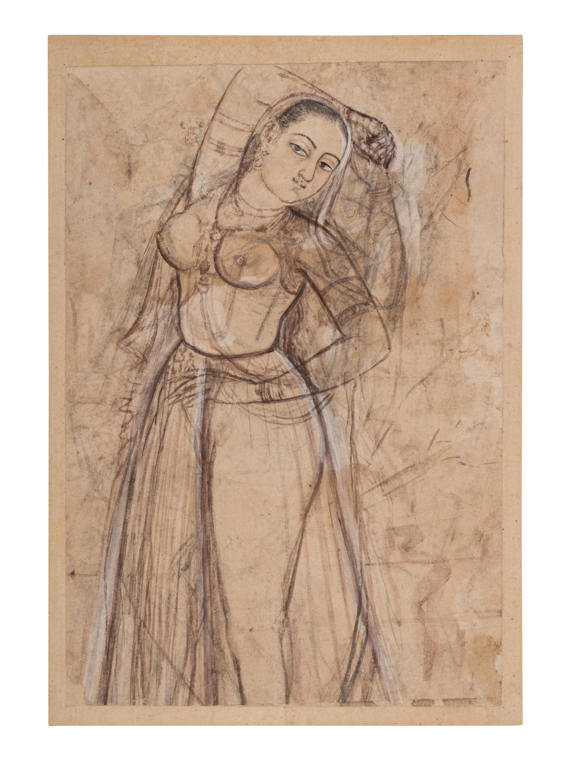 An Indian Drawing of a Court Lady, India, Rajasthan, 18th-19th Century 十八-十九世紀 印度拉賈斯坦邦仕女圖細密畫