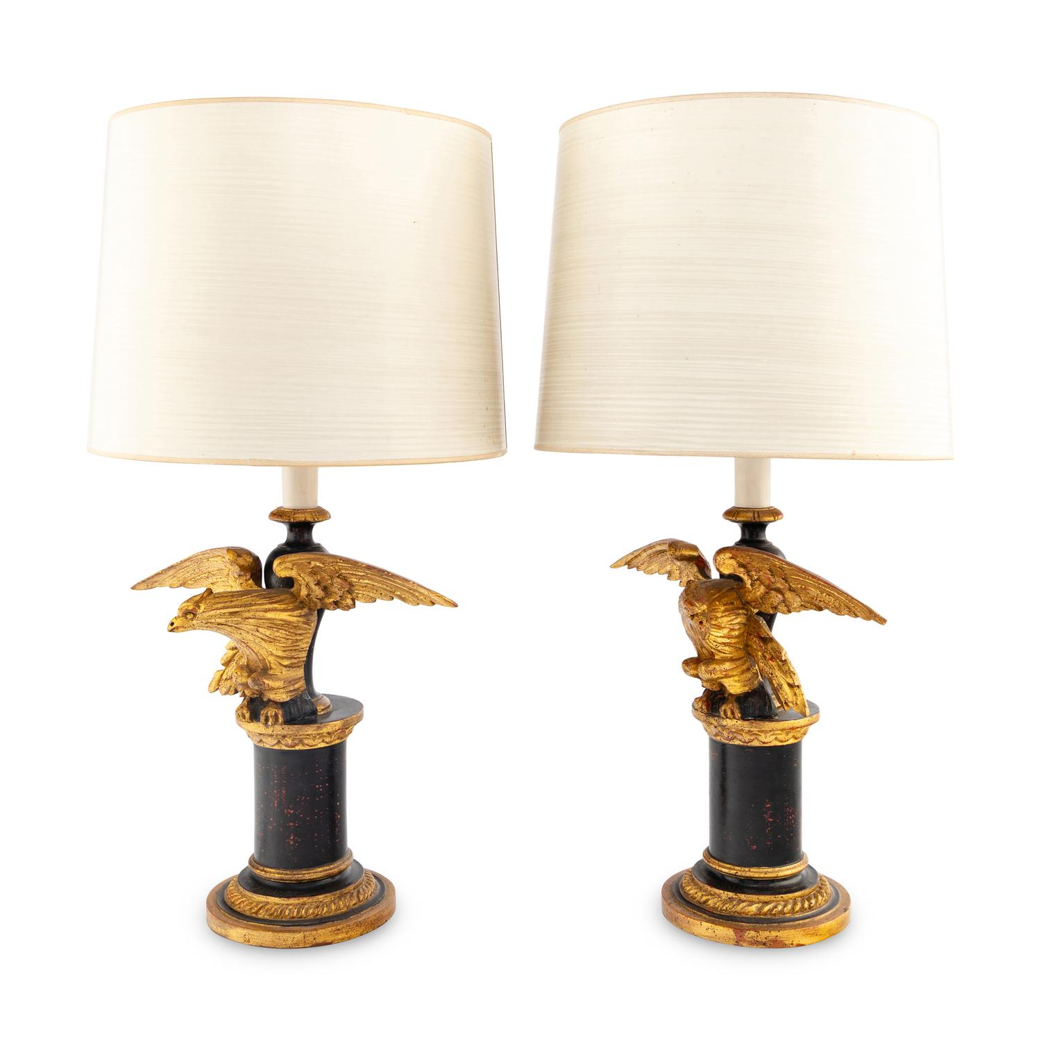 A Pair of Painted and Parcel Gilt Eagle-Form Lamps