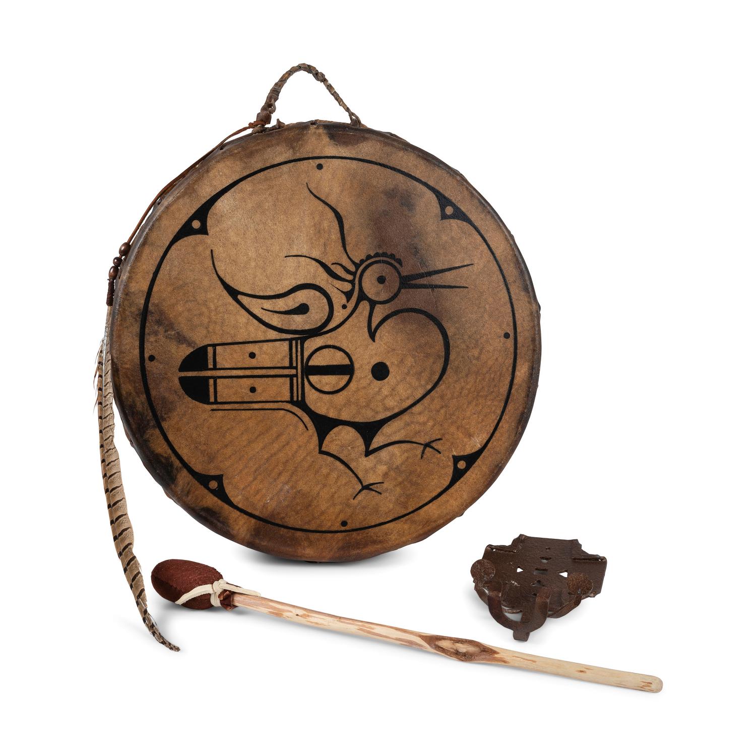 Painted Hide Drum, and Beater