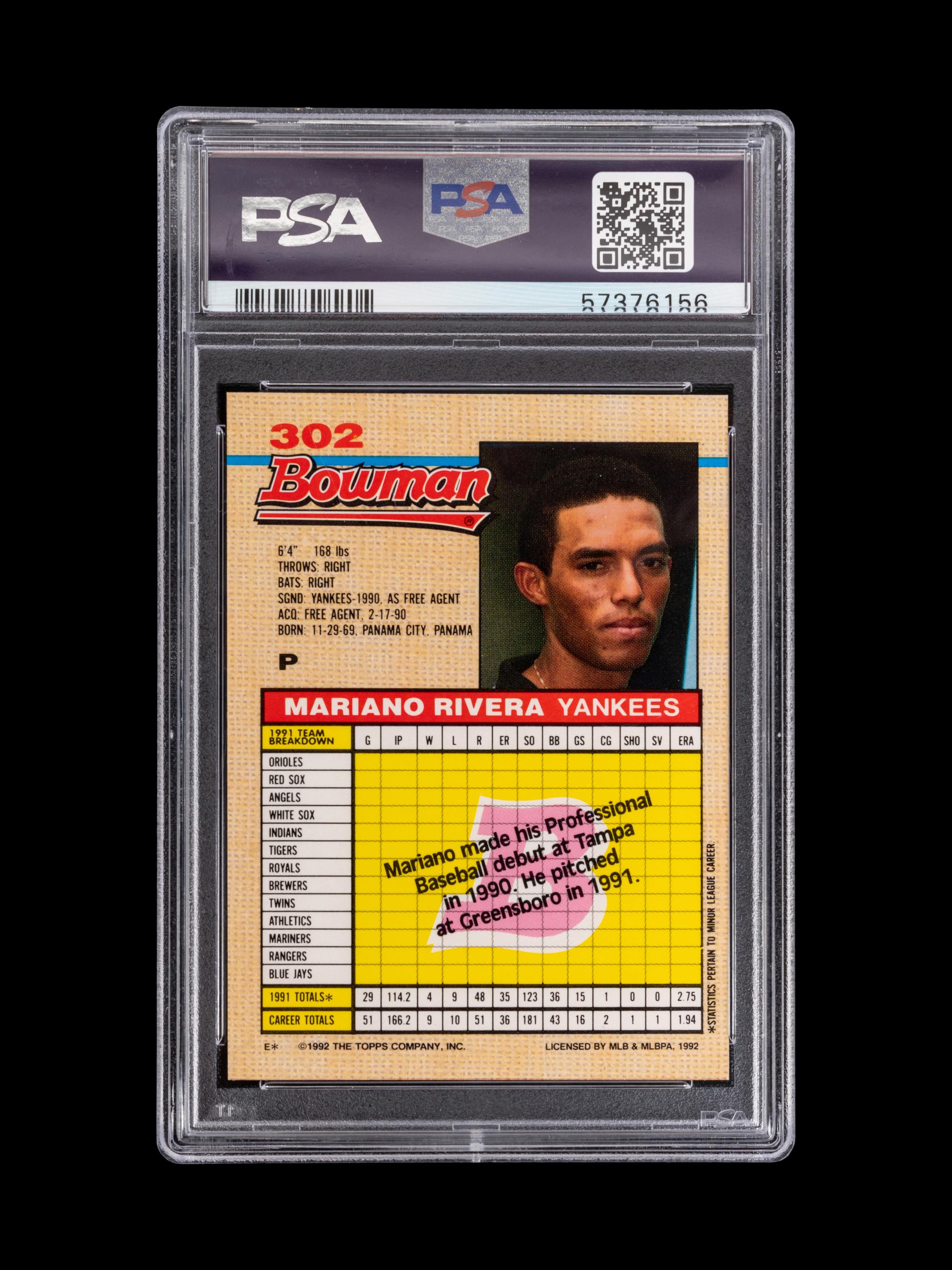 A 1992 Bowman Mariano Rivera Rookie Baseball Card No. 302 (PSA 10, GEM MINT)