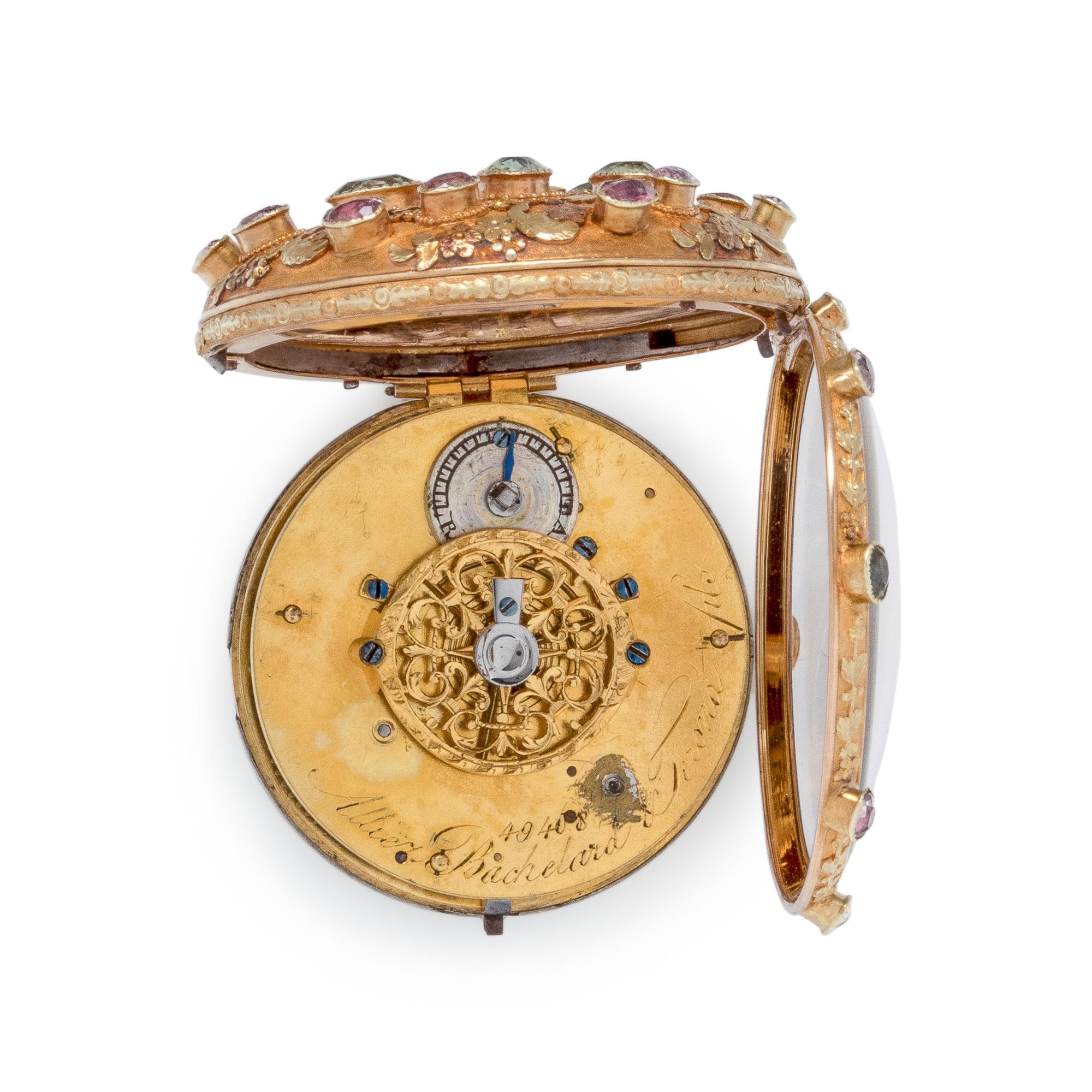 ALLIEZ, BACHELARD & TEROND FILS, TRICOLOR GOLD AND PASTE OPEN FACE POCKET WATCH