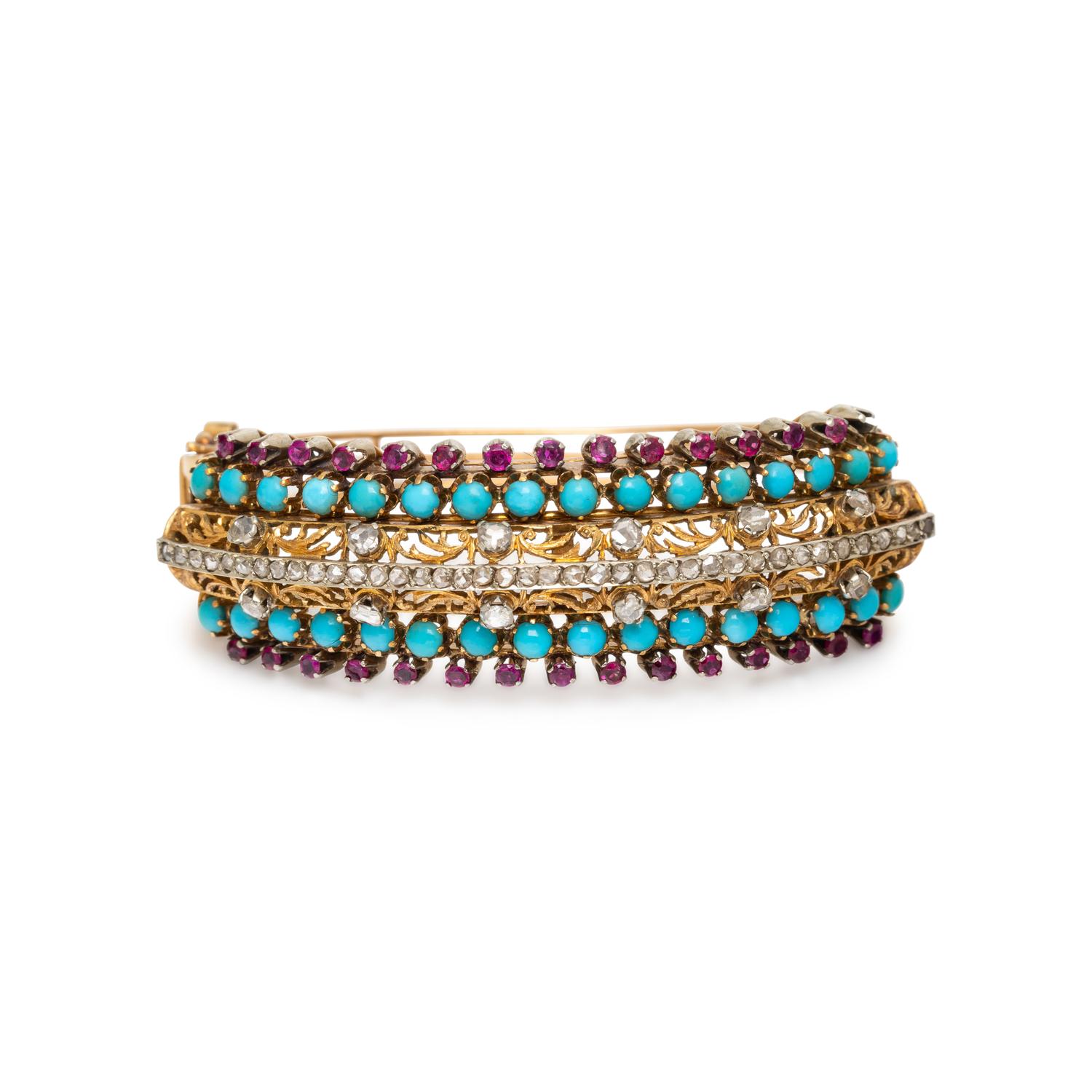 TURQUOISE, DIAMOND, RUBY, AND YELLOW GOLD BRACELET