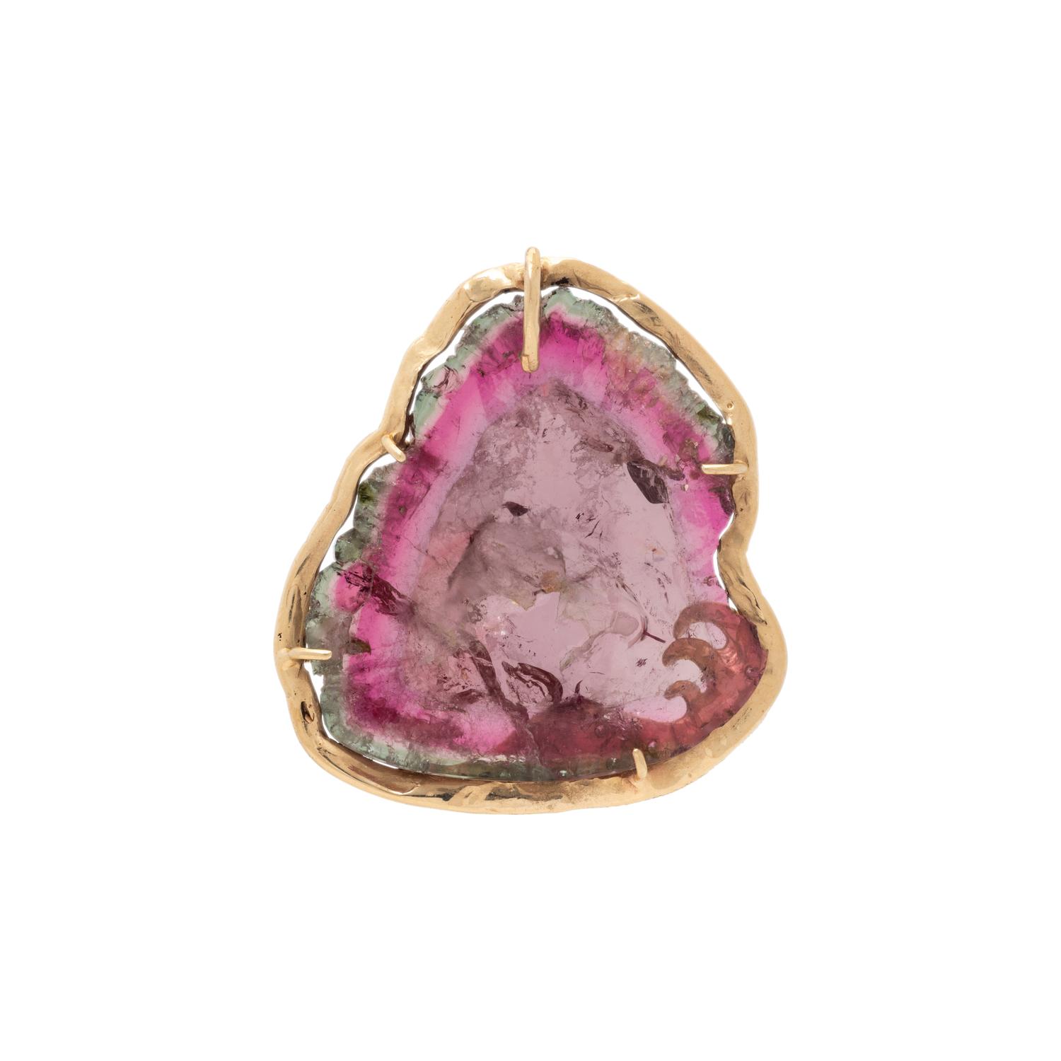 WATERMELON TOURMALINE, DIAMOND, AND YELLOW GOLD PENDANT