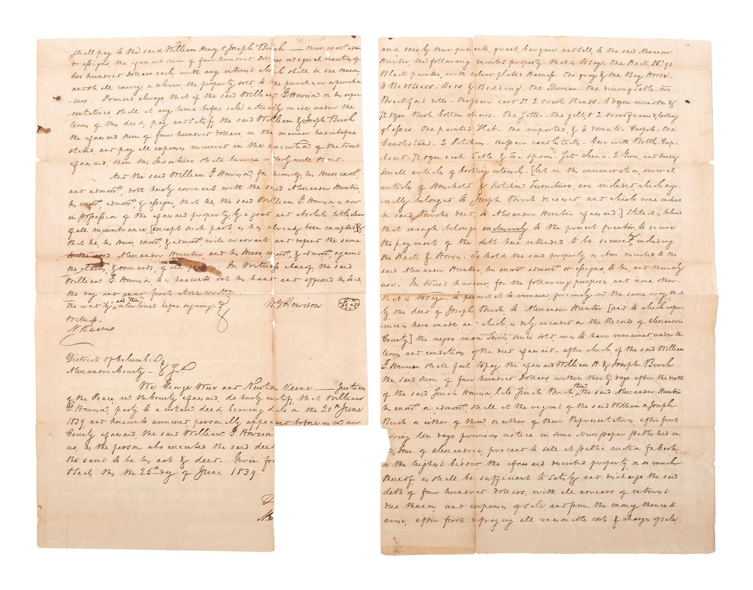 [SLAVERY & ABOLITION]. Manuscript indenture describing the transfer and sale of land, property, and the enslaved men "Lewis" and "George." Alexandria County, District of Columbia, 20 June 1839.
