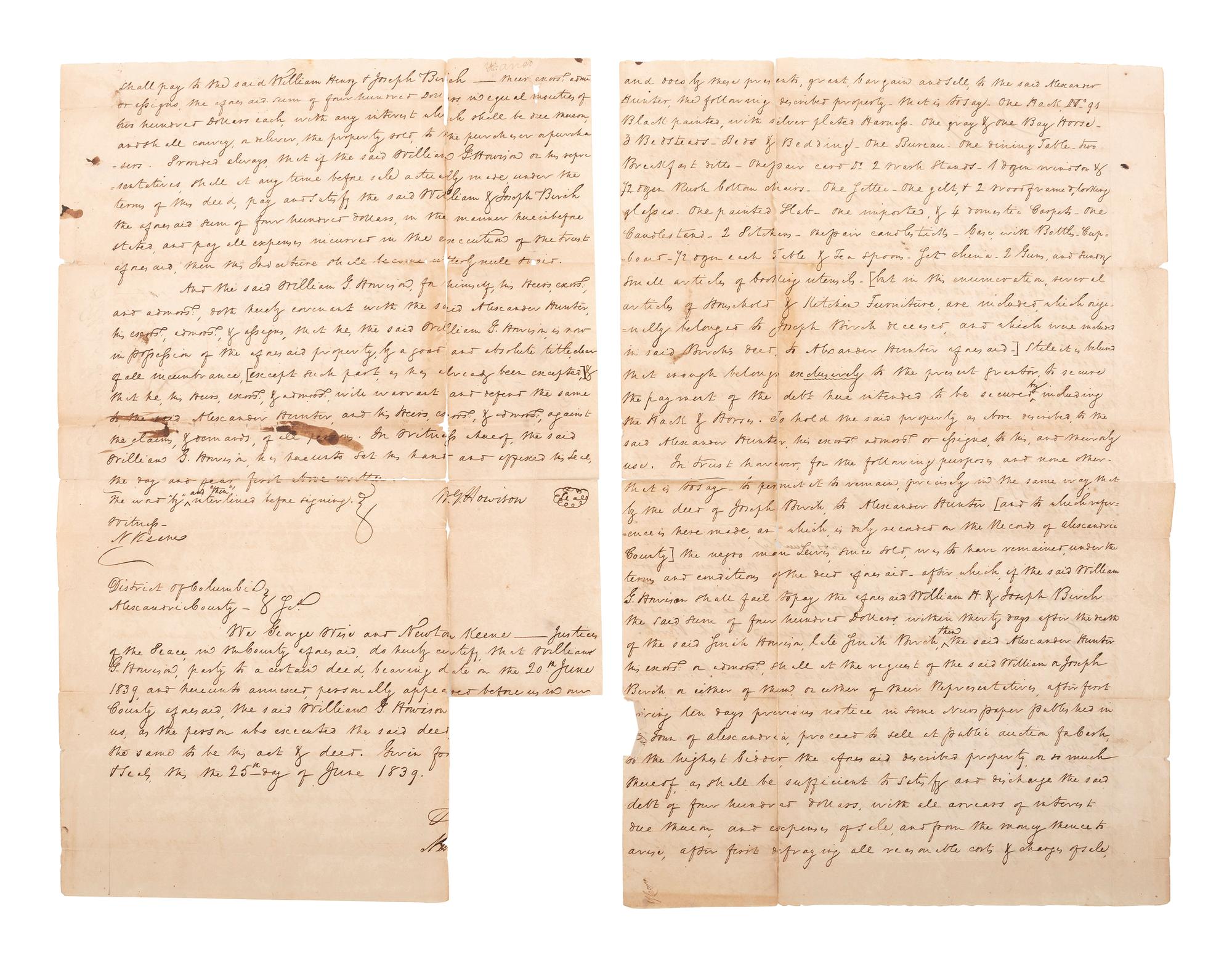 [SLAVERY & ABOLITION]. Manuscript indenture describing the transfer and sale of land, property, and the enslaved men "Lewis" and "George." Alexandria County, District of Columbia, 20 June 1839.