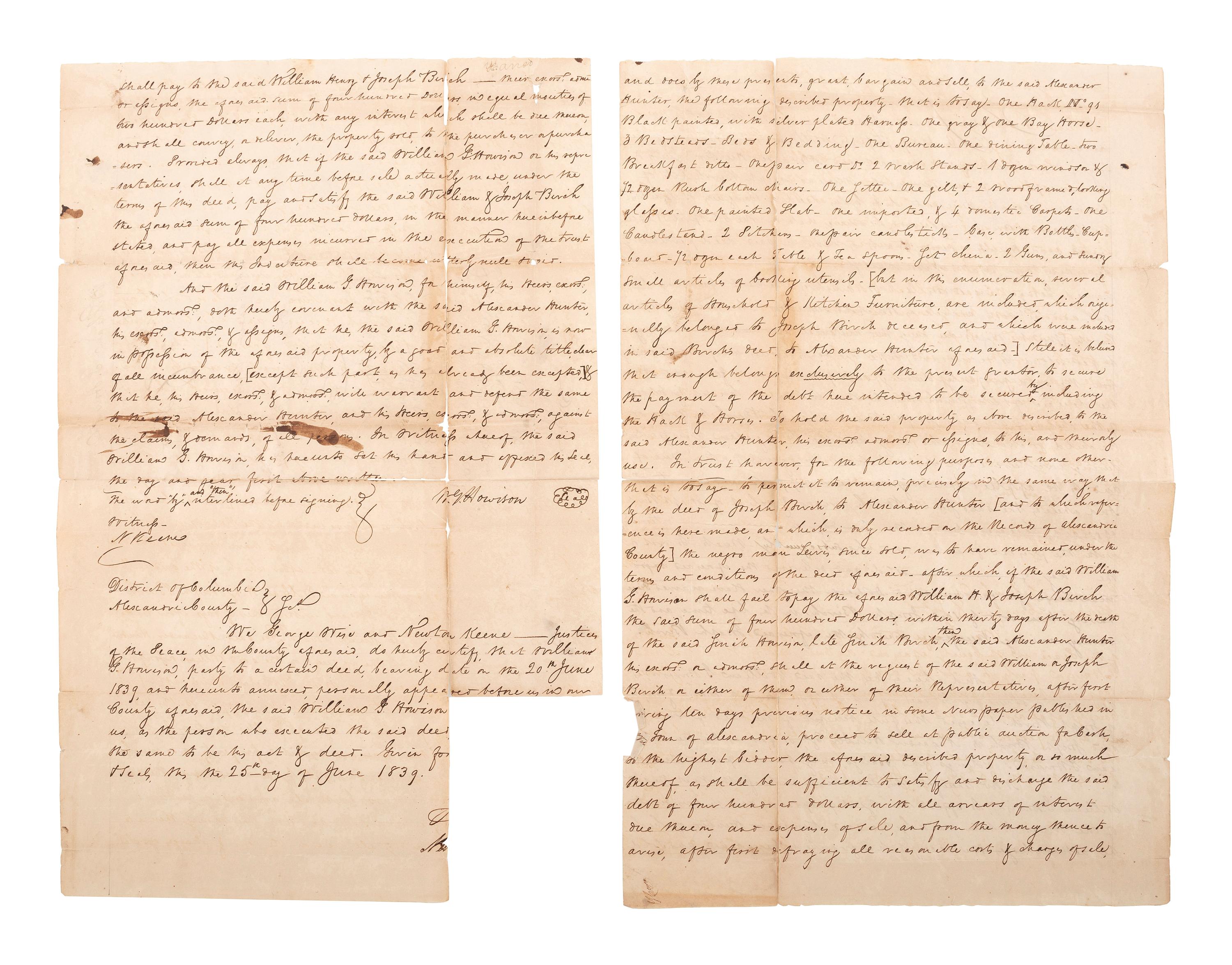 [SLAVERY & ABOLITION]. Manuscript indenture describing the transfer and sale of land, property, and the enslaved men "Lewis" and "George." Alexandria County, District of Columbia, 20 June 1839.
