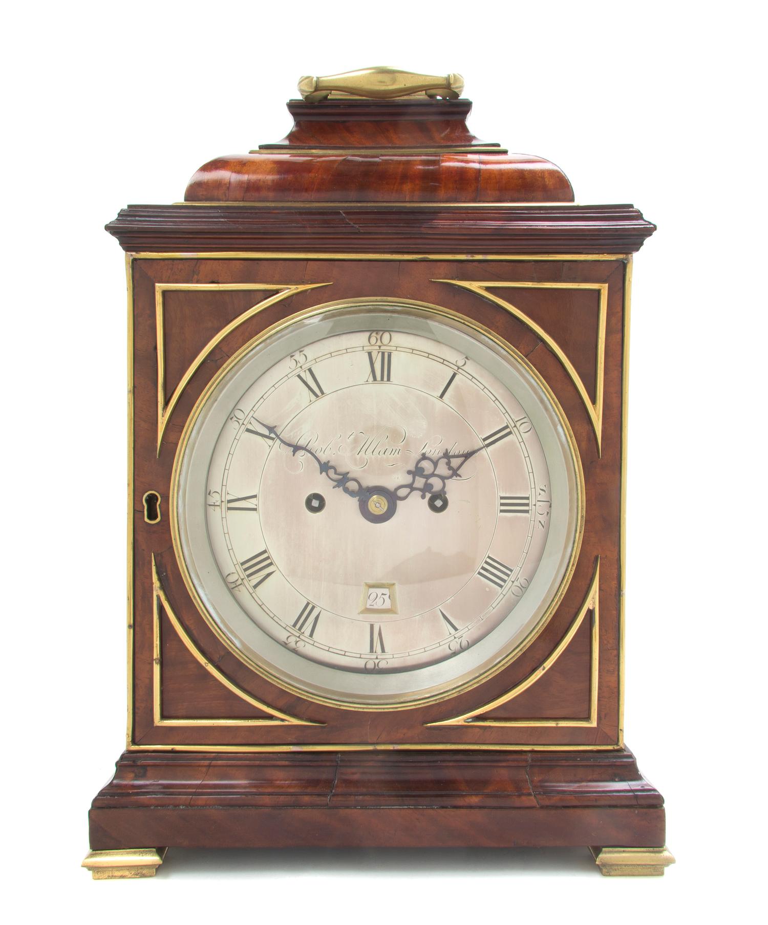 A George II Mahogany and Brass Bound Cased Bracket Clock, Robert Allam, Height 17 3/4 inches.