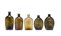 Five Molded Glass Olive and Amber Green Flasks