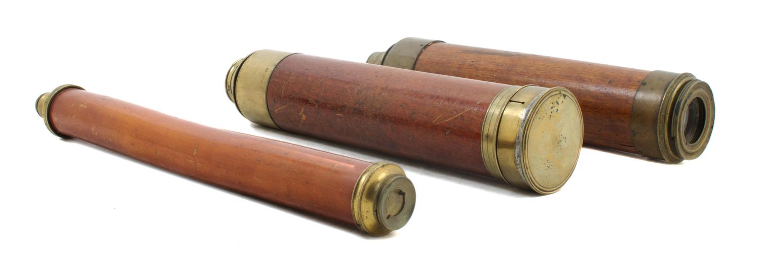 A Group of Three Wood Body Hand Telescopes Length of longest 13 3/4 inches (when collapsed).