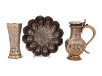 A Continental Silvered Metal Beaker, Covered Vessel and a Lobed Bowl