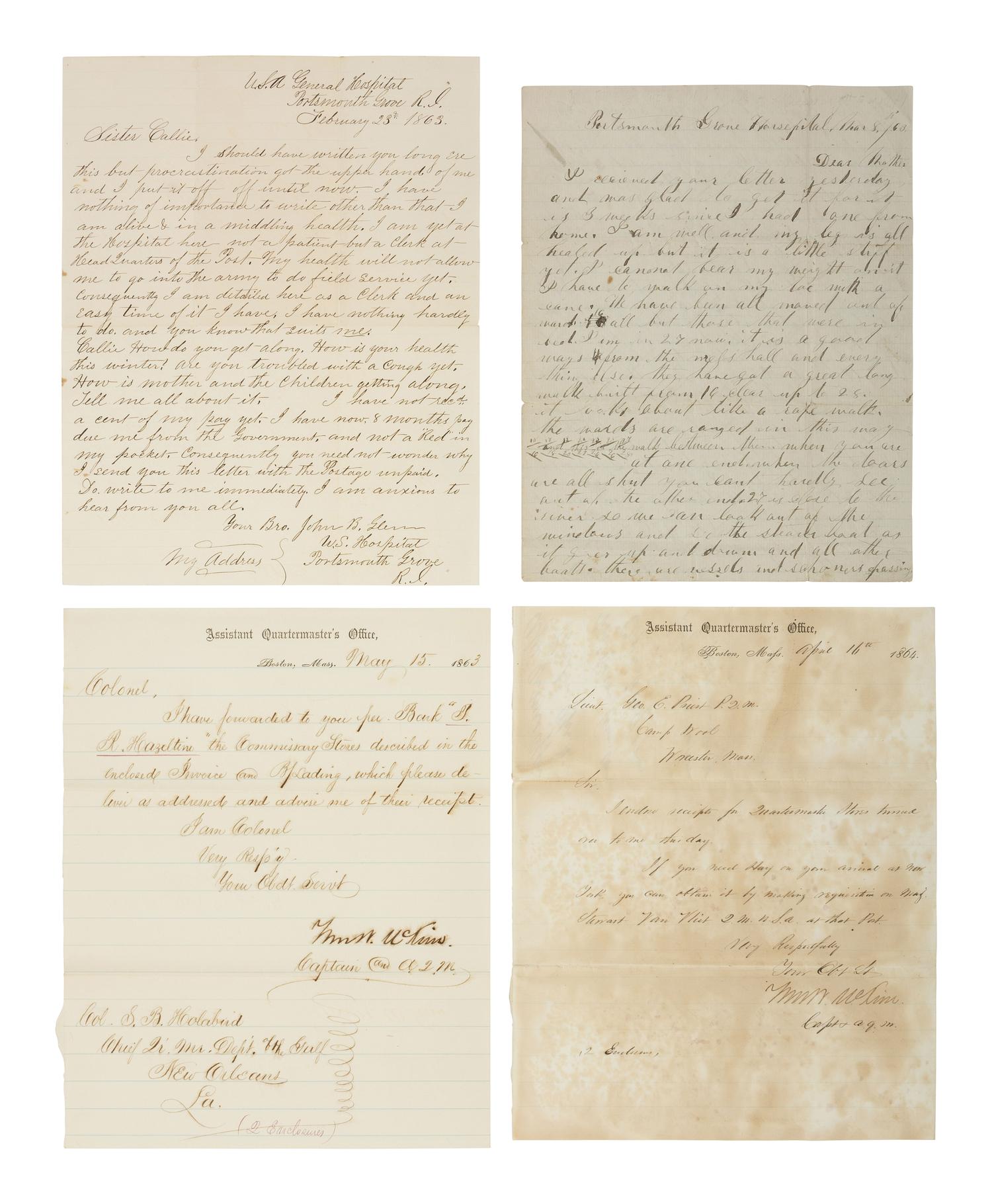 [CIVIL WAR]. Archive associated with the Lovell General Hospital, Portsmouth Grove, Rhode Island, incl. letters, manuscript menu, and items related to Lovell Hospital nurse Sarah Chauncy Woolsey (1835-1905).