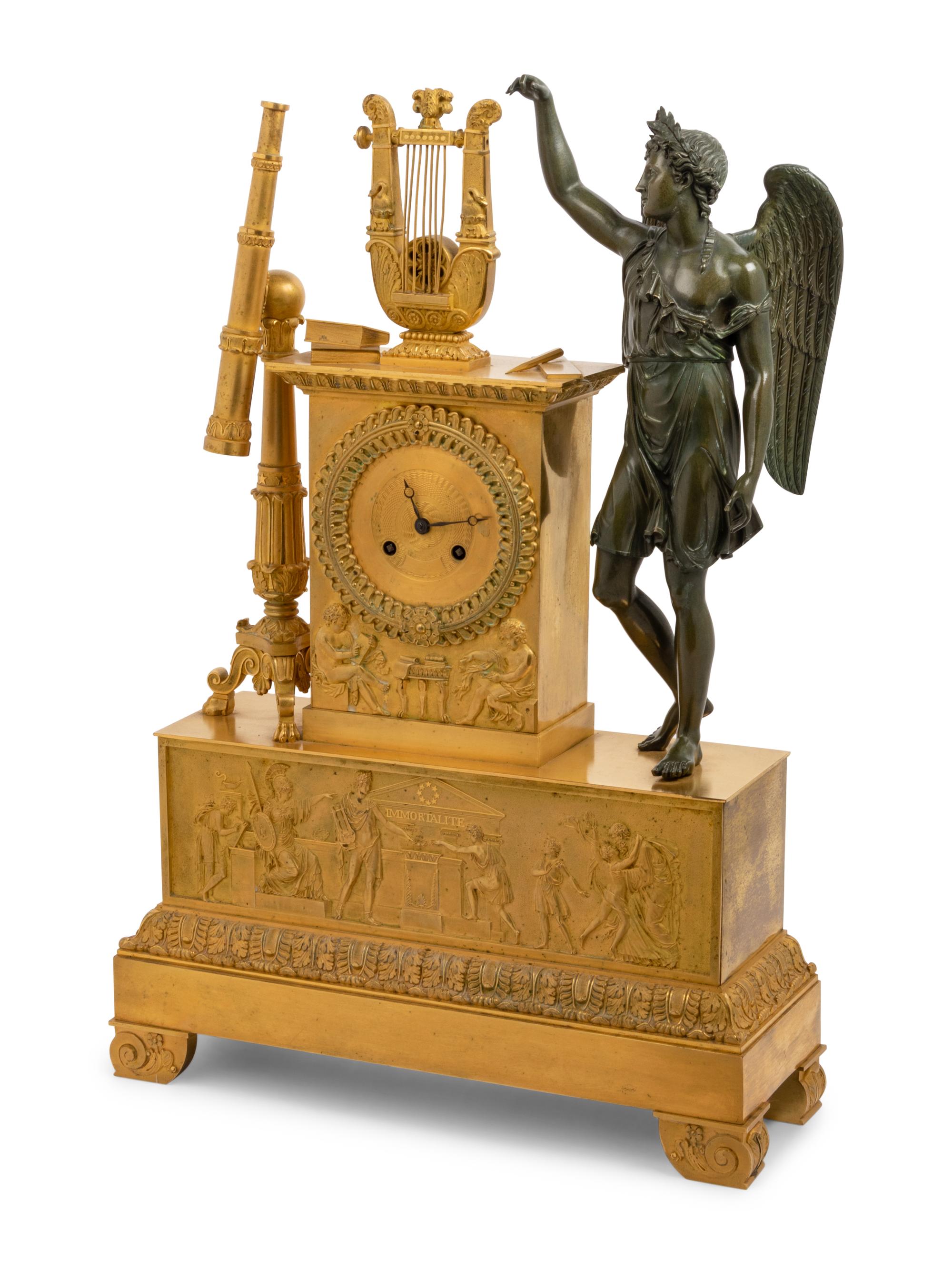 An Empire Gilt and Patinated Bronze Figural Mantel Clock