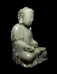 A Chinese Celadon Jade Figure of Medicine Buddha