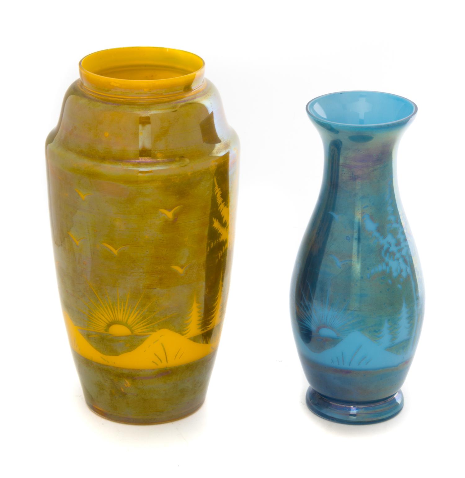 Two Czechoslovakian Glass Vases Height of taller 8 1/4 inches.