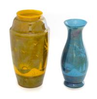 Two Czechoslovakian Glass Vases Height of taller 8 1/4 inches.