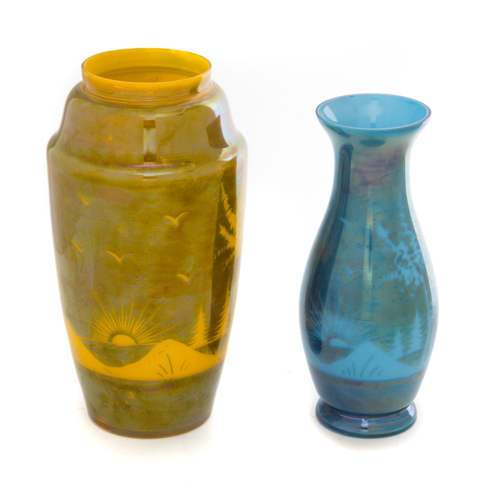 Two Czechoslovakian Glass Vases Height of taller 8 1/4 inches.
