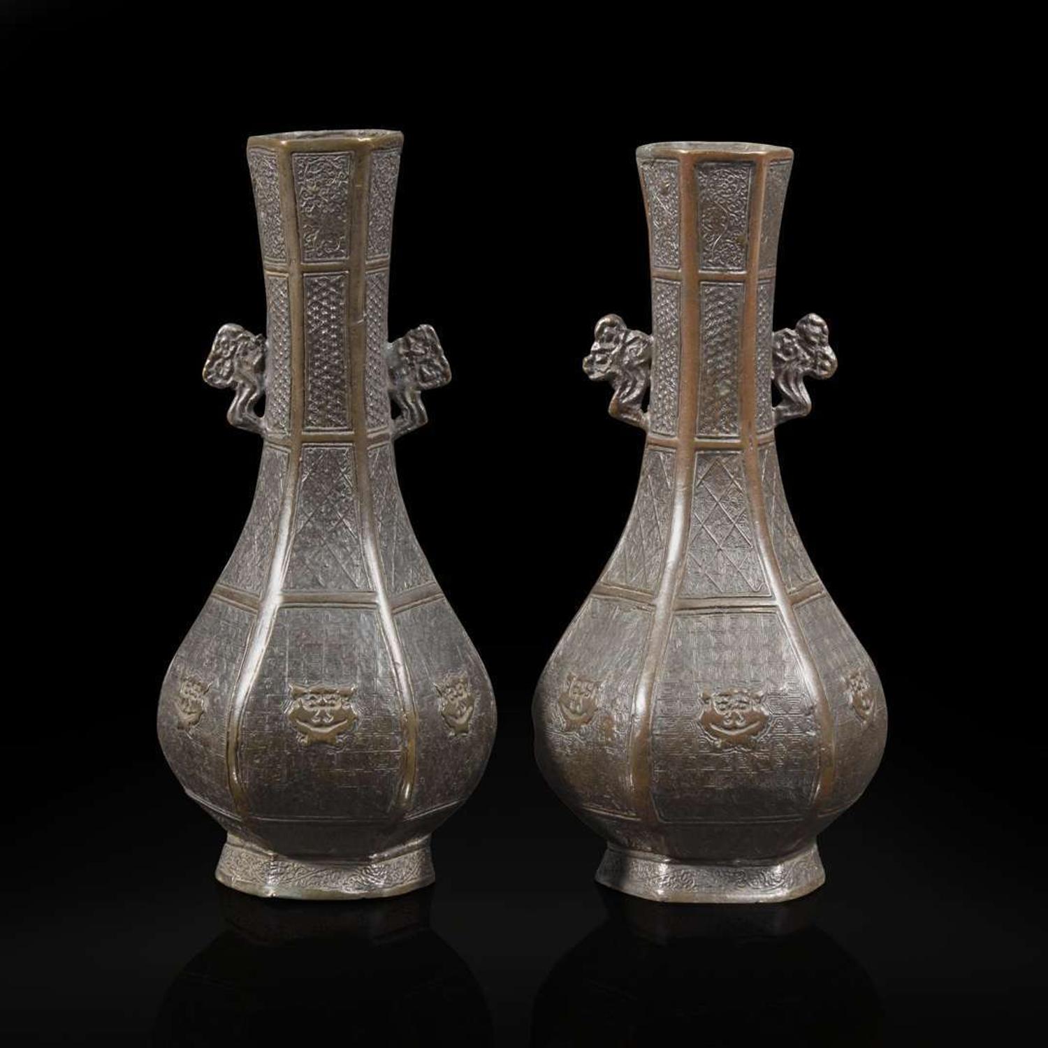 A pair of Chinese patinated bronze hexagonal bottle vases 铜加漆六边方瓶一对 Yuan dynasty ?