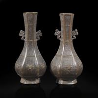A pair of Chinese patinated bronze hexagonal bottle vases 铜加漆六边方瓶一对 Yuan dynasty ?