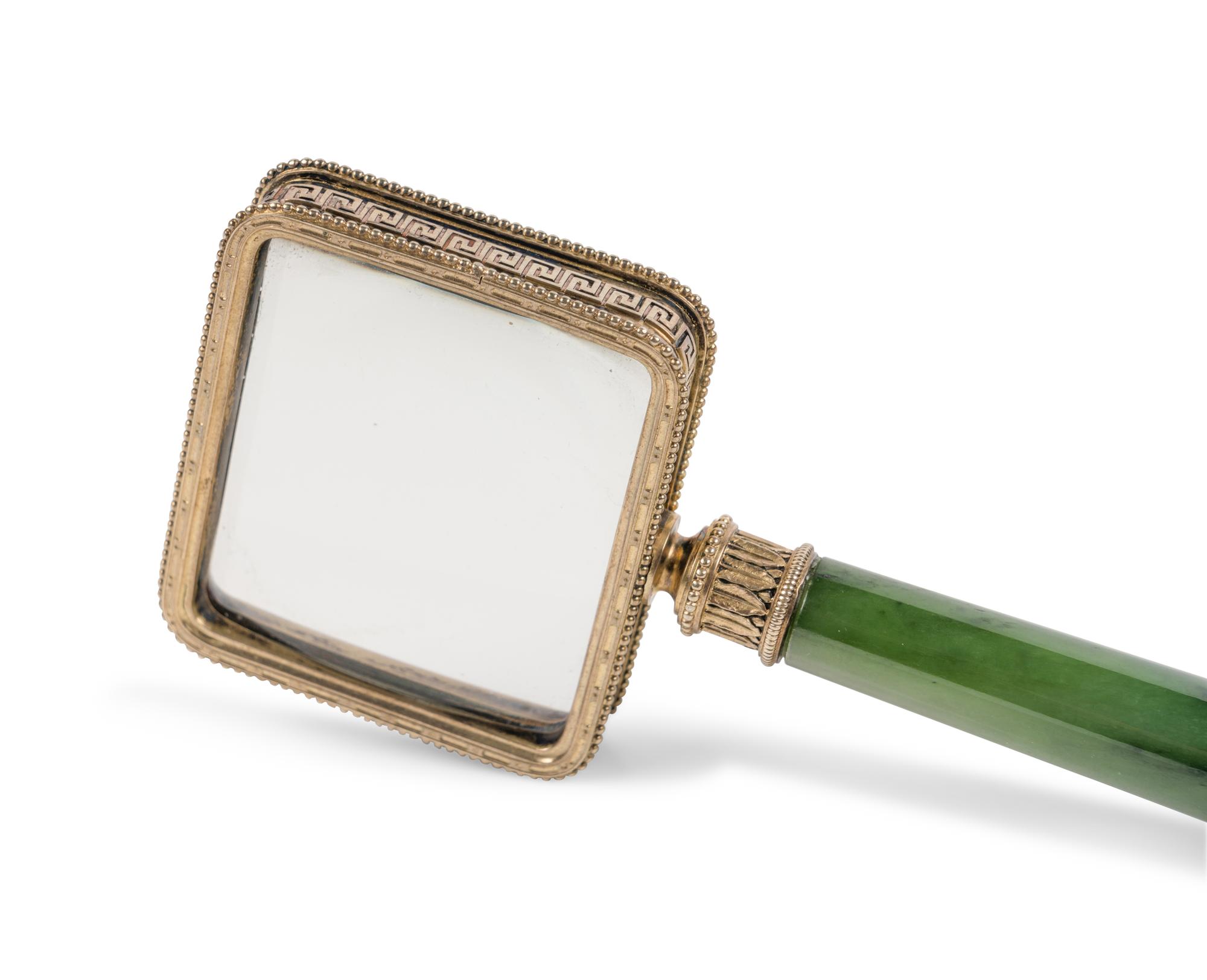A Fabergé Silver-Gilt and Carved Nephrite Jade Magnifying Glass