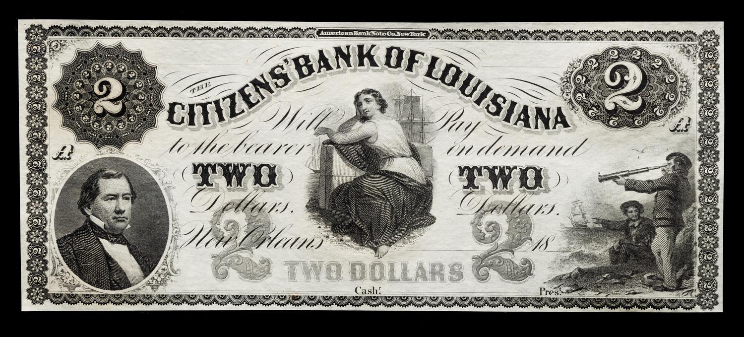 Obsolete $2 Bank Note: Citizens' Bank of Louisiana — NEW ORLEANS, LOUISIANA, CIRCA 1850