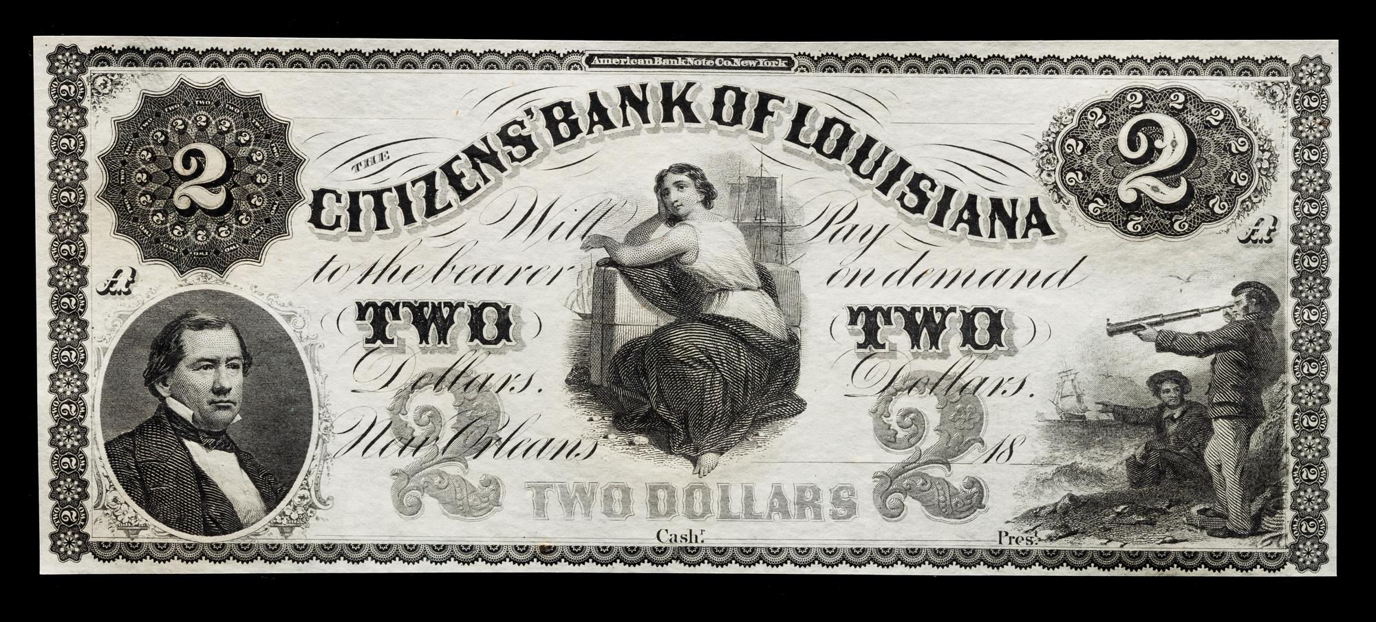 Obsolete $2 Bank Note: Citizens' Bank of Louisiana — NEW ORLEANS, LOUISIANA, CIRCA 1850