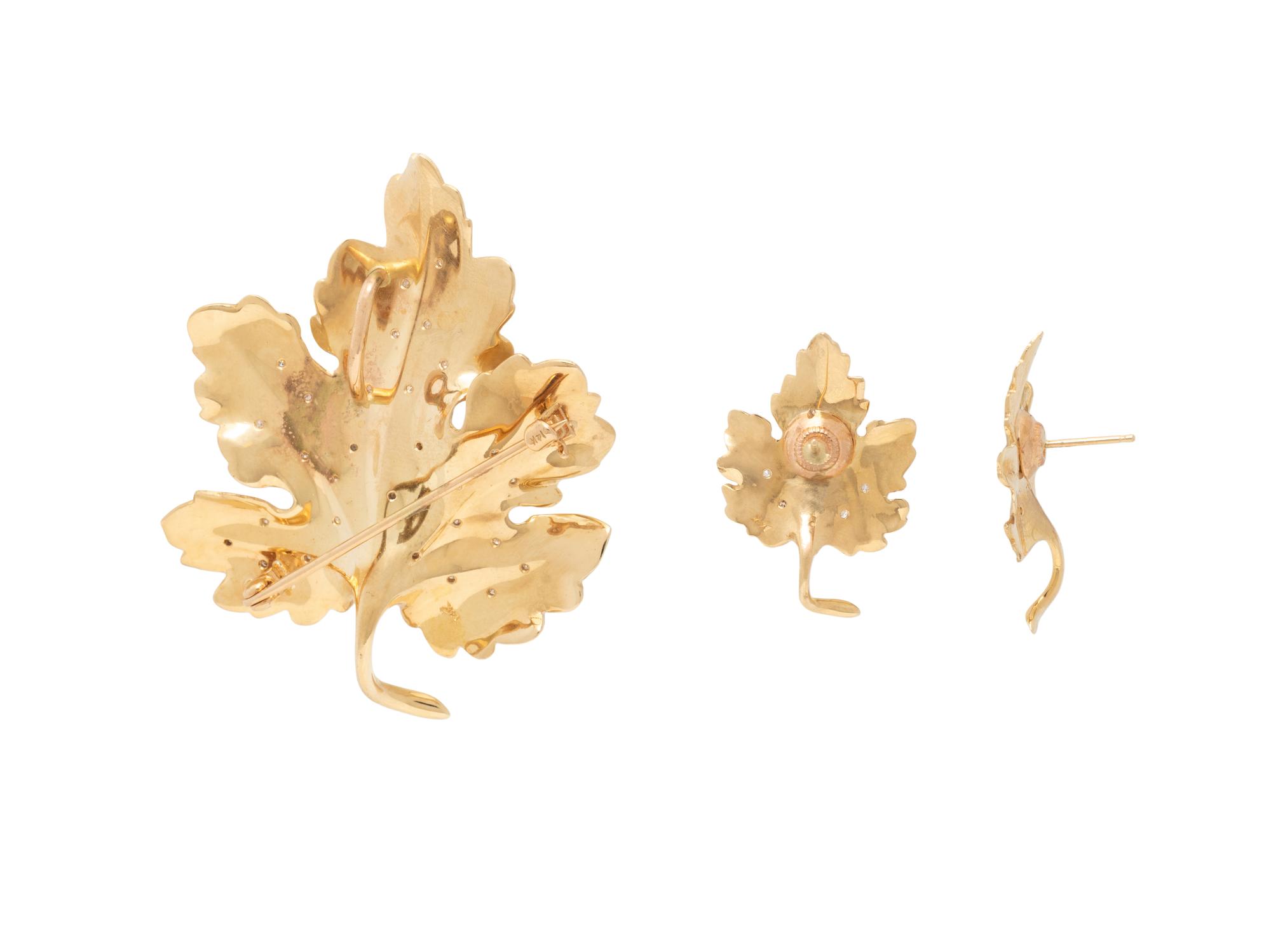 YELLOW GOLD AND DIAMOND LEAF MOTIF BROOCH AND EARRINGS