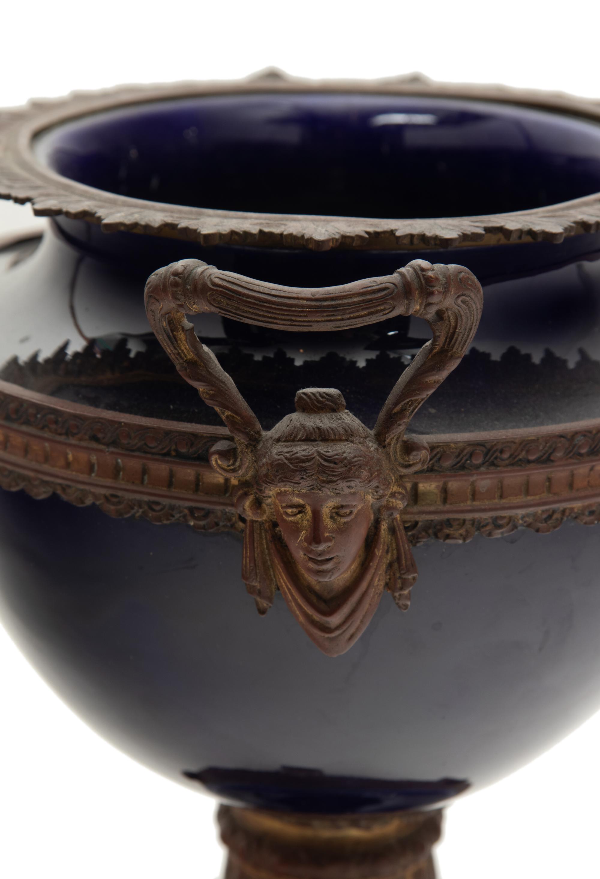 A French Gilt Metal Mounted Cobalt Earthenware Centerpiece