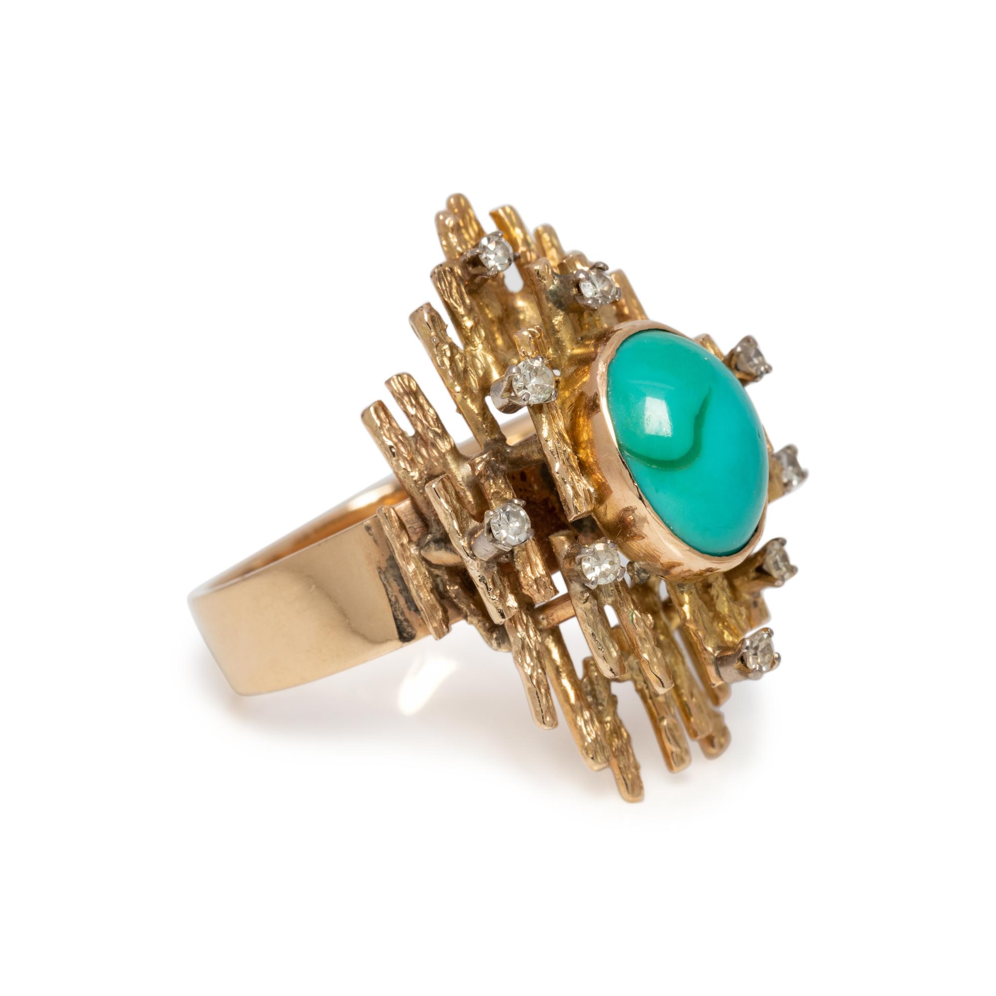 YELLOW GOLD, SYNTHETIC TURQUOISE AND DIAMOND RING