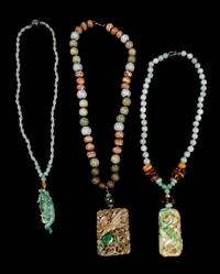 Three Chinese Jade, Jadeite and Hardstone Beaded Necklaces