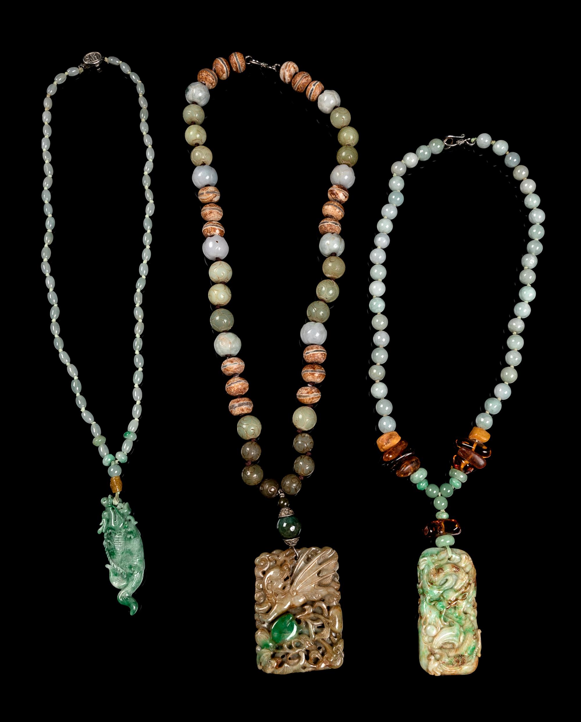 Three Chinese Jade, Jadeite and Hardstone Beaded Necklaces