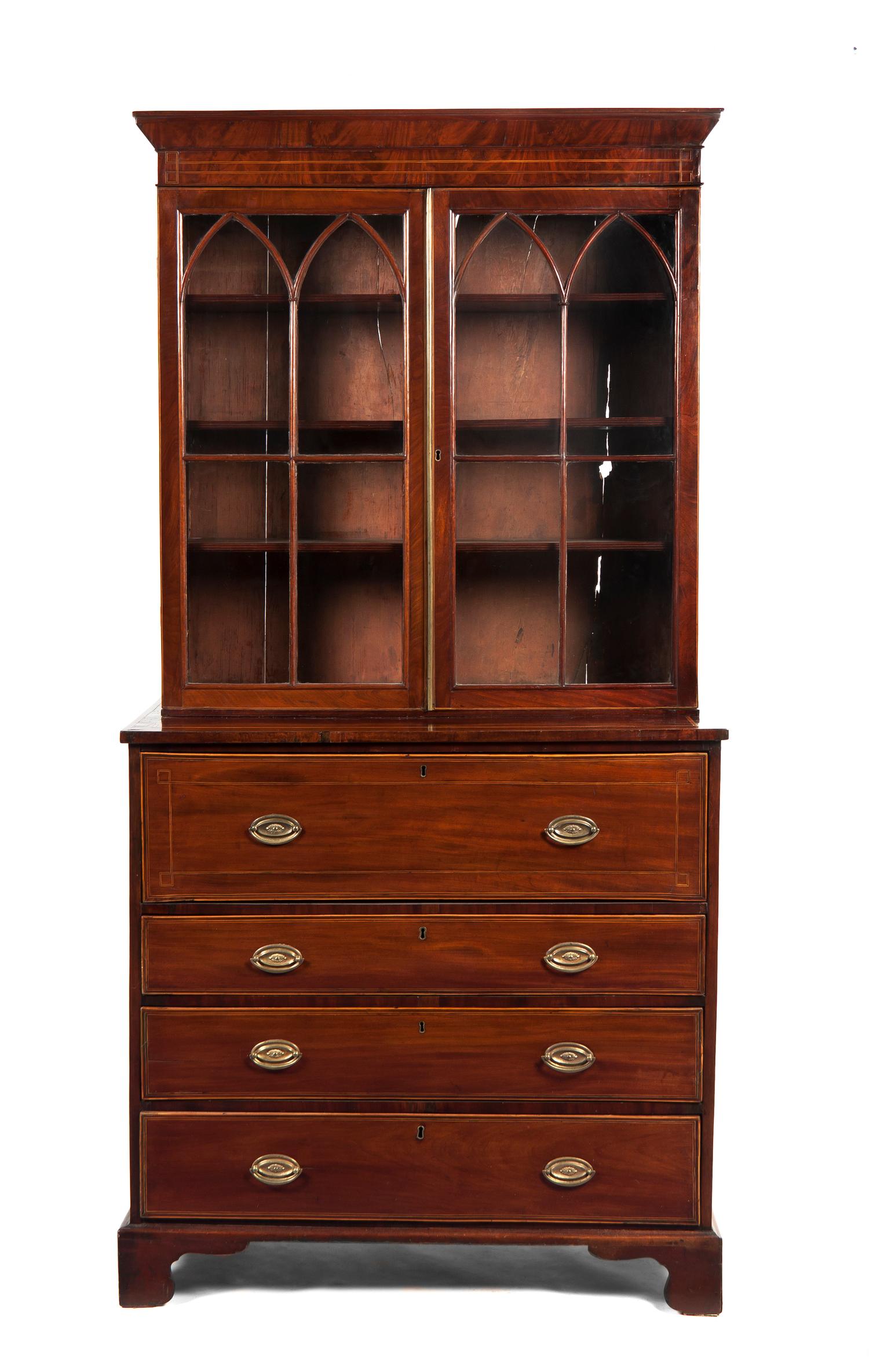A George III Mahogany Secretary Bookcase, Height 86 7/8 x width 43 3/8 x depth 21 1/8 inches.