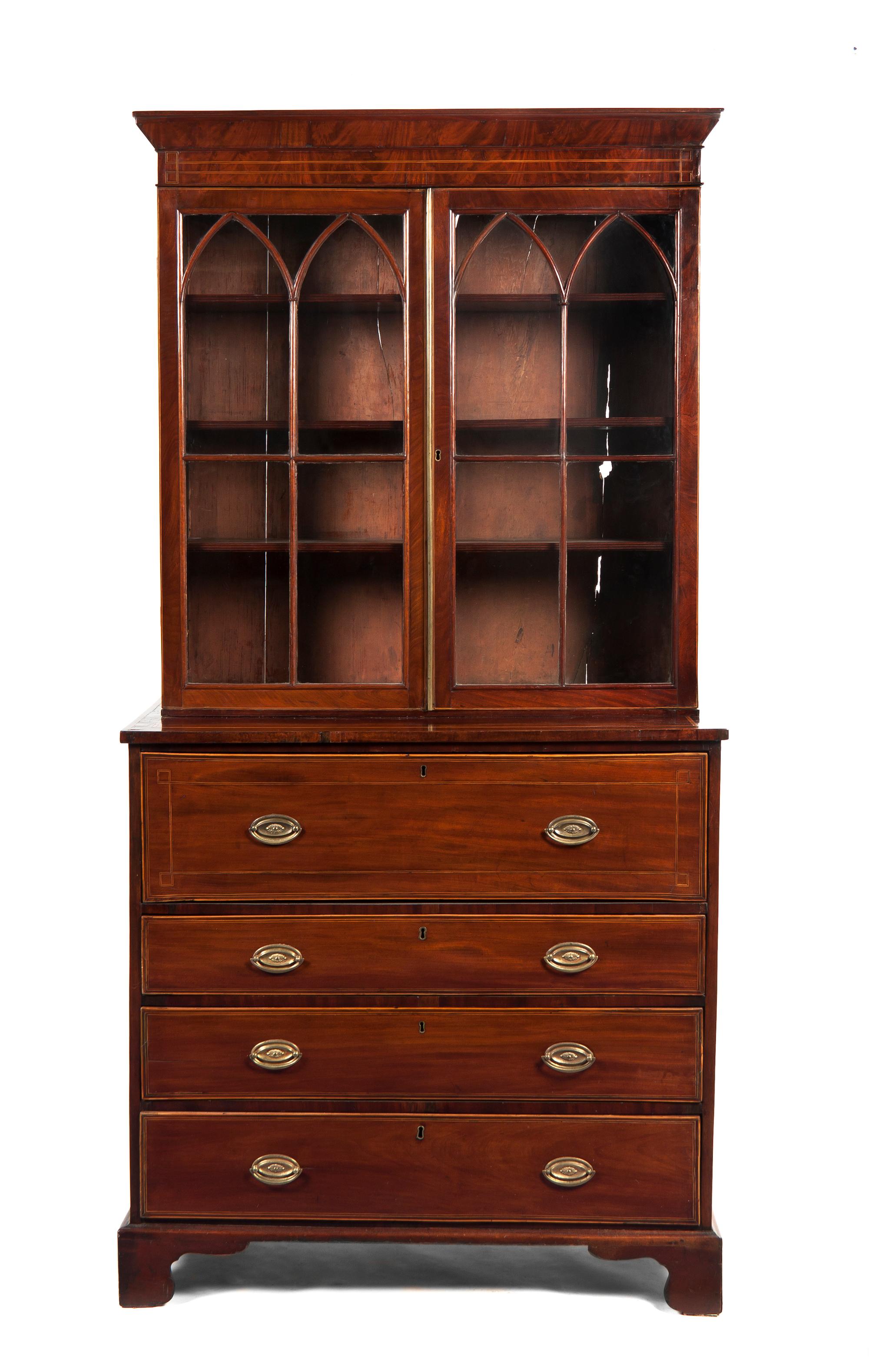 A George III Mahogany Secretary Bookcase, Height 86 7/8 x width 43 3/8 x depth 21 1/8 inches.