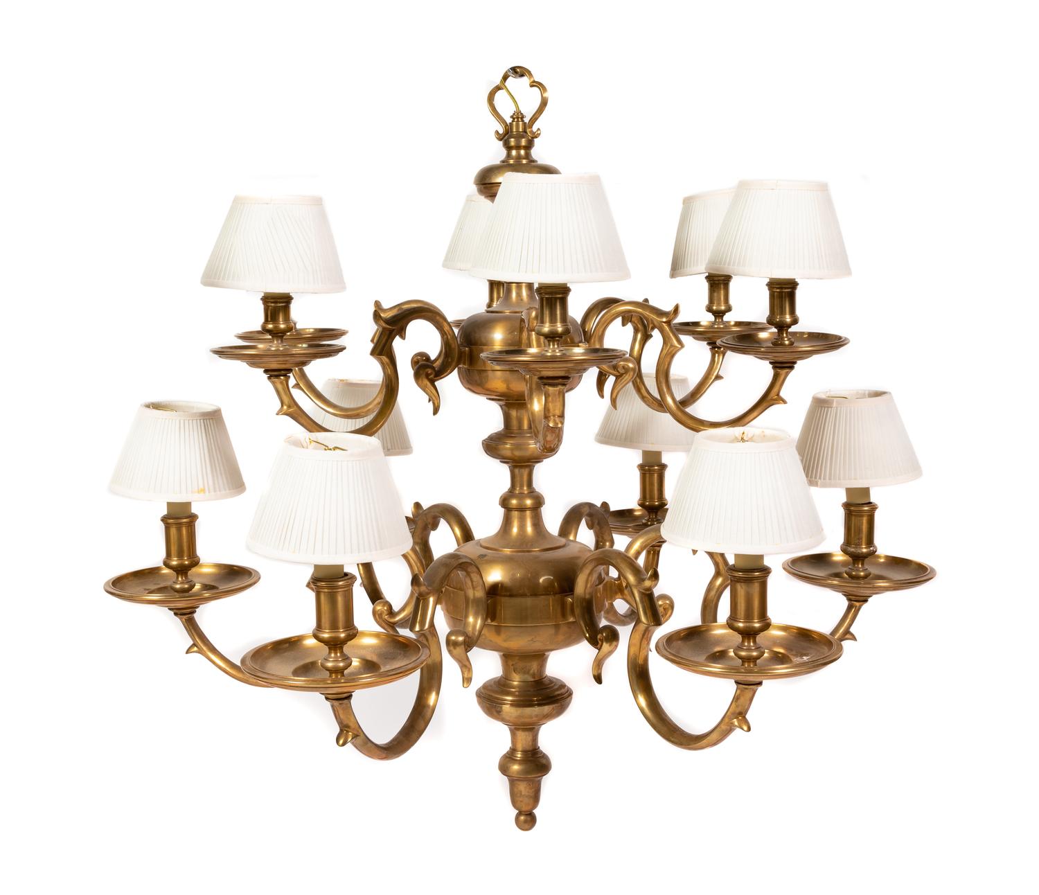 A Dutch Baroque Style Brass Twelve-Light Chandelier