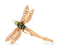 A Yellow Gold, Seed Pearl, Enamel and Gemstone Dragonfly Brooch,